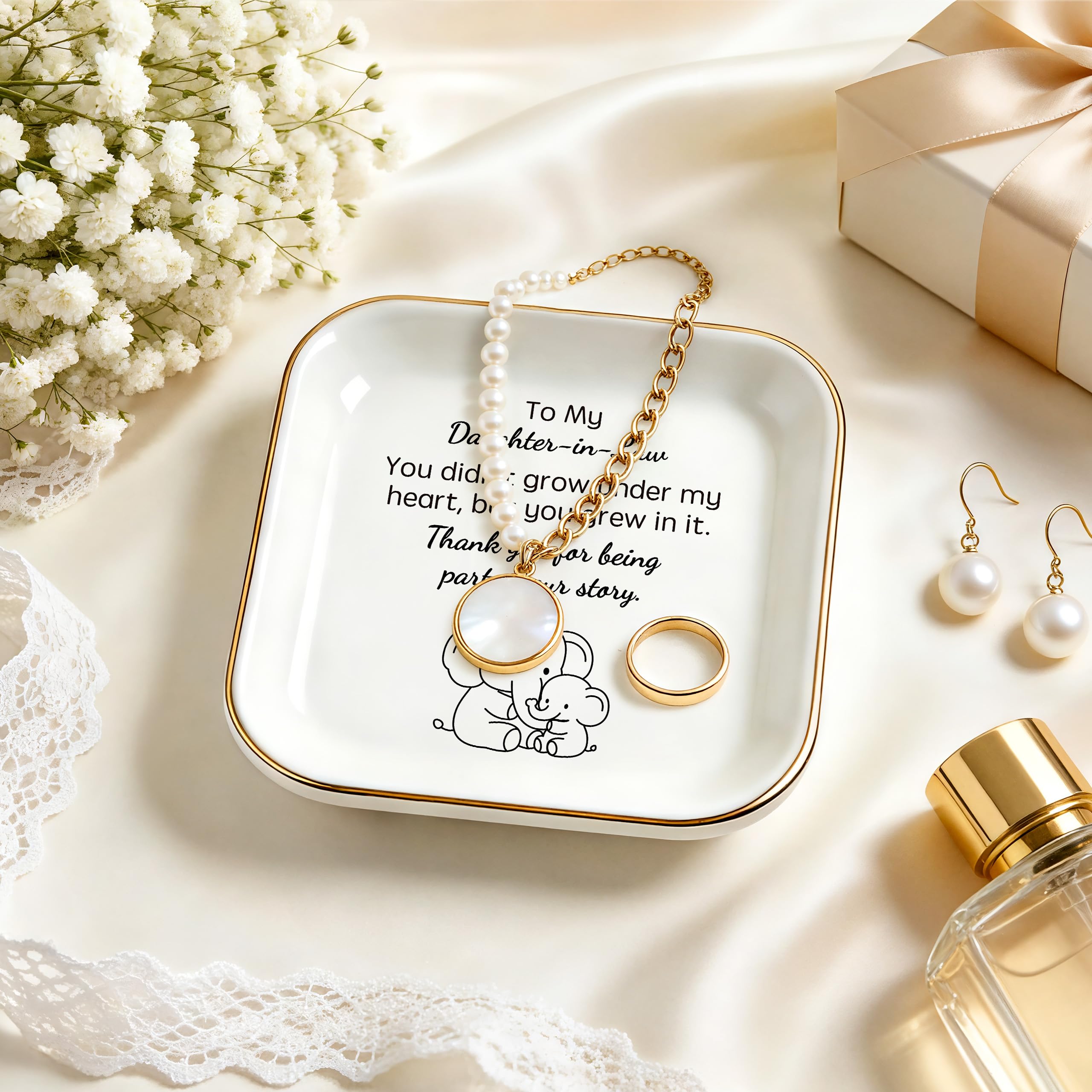 Regalos de elefante para nuera, cumpleaños, boda, Navidad, Día de la Madre | No creciste bajo mi corazón, pero creciste en él. Plato para anillos de cerámica de 4 pulgadas
