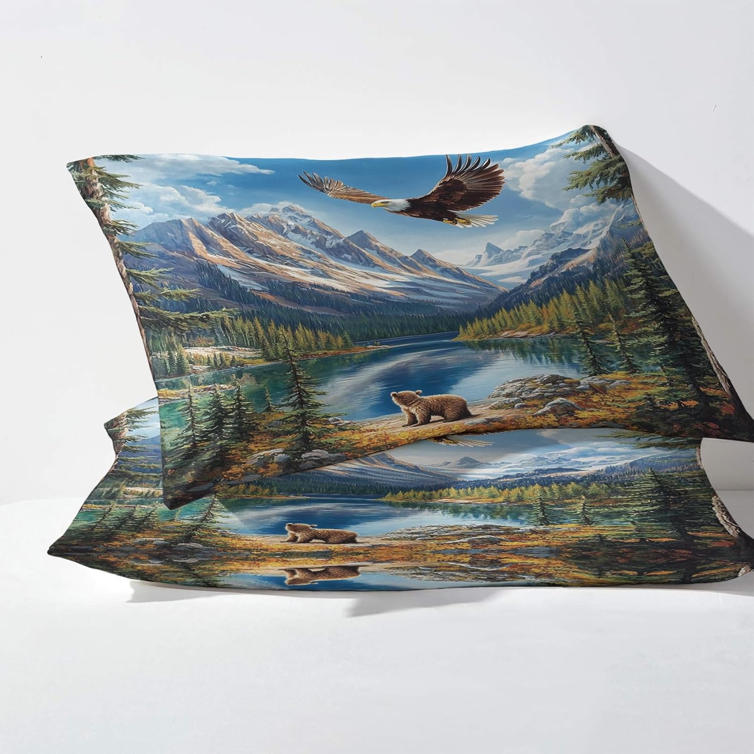 Bald Eagle Pillowcase for Room Decor & Gift, Hunting Pillow Cases Queen Size Set of 2, Nature Scene Printed Bed Pillow Covers with Zipper, Cozy Microfiber