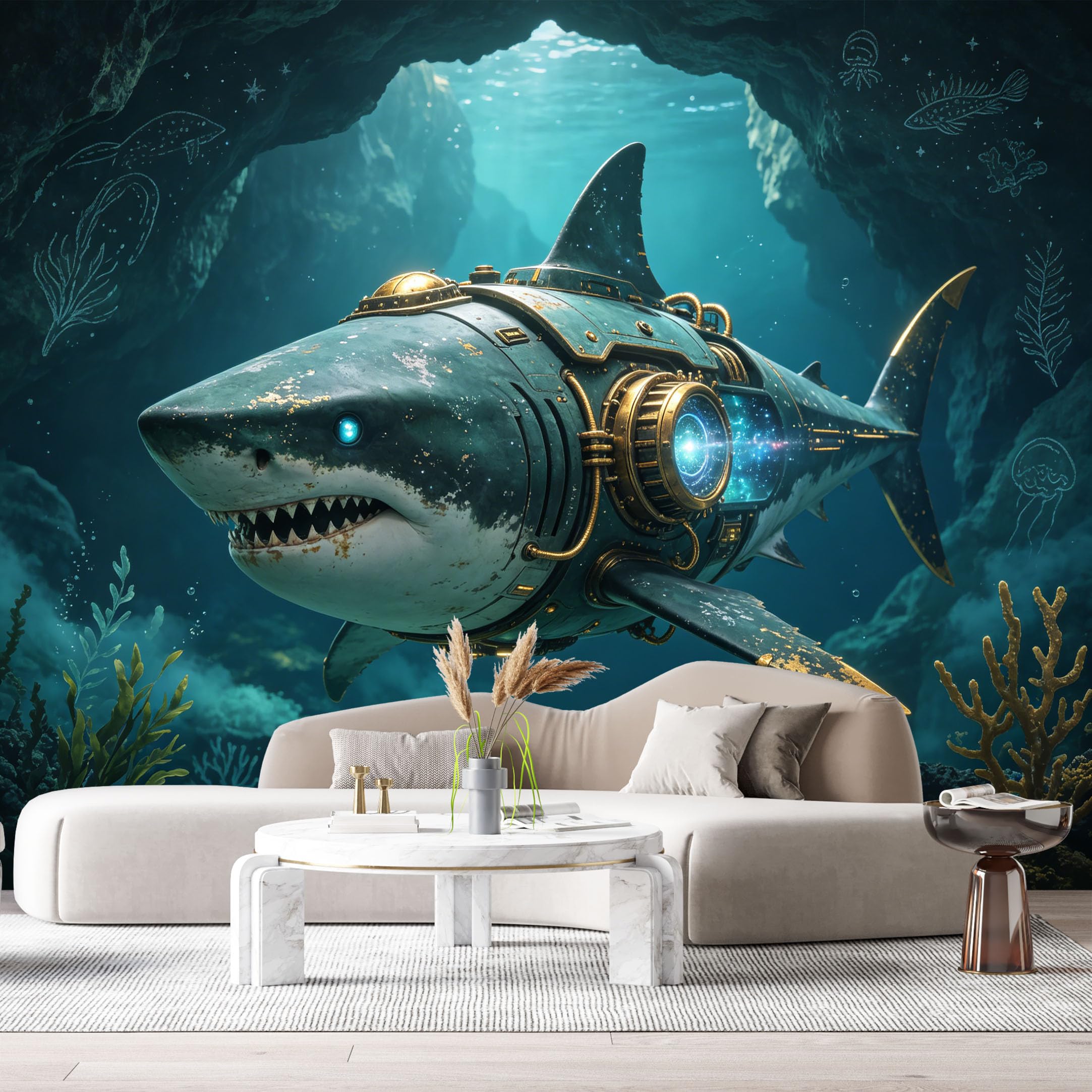 Custom Size Wall Mural Mechanical Aquatic Predator SciFi Mech Underwater Futuristic Metal Ocean Armor SelfAdhesive Art Prints Removable Large Wallpaper Esports Game Room Tenant Room Studio
