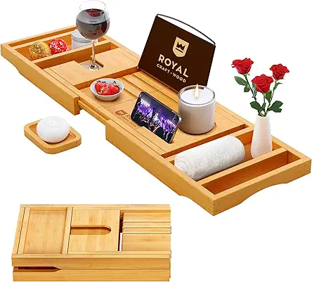 ROYAL CRAFT WOOD Foldable Bamboo Bathtub Tray Caddy with Extendable Sides & Free Soap Dish