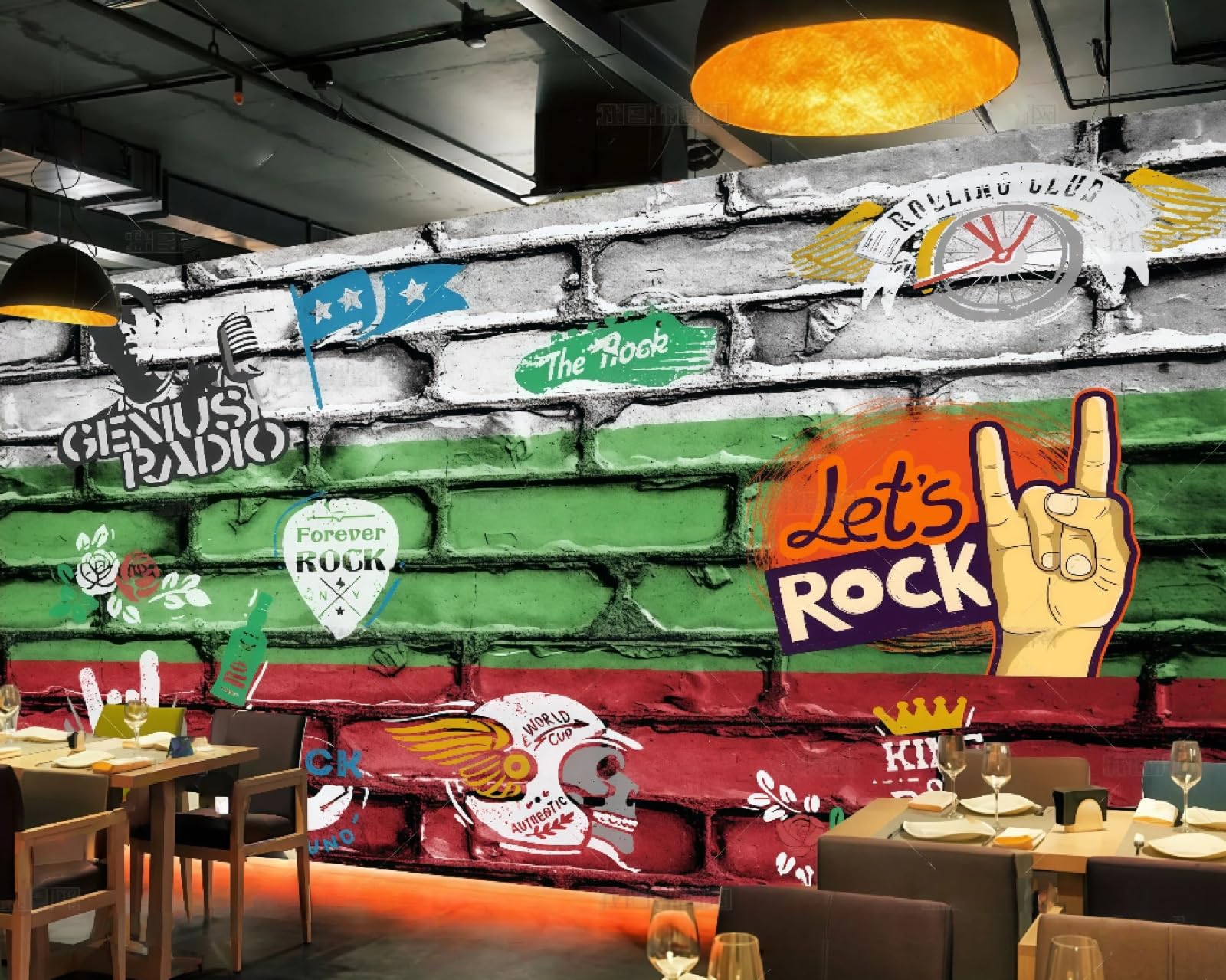 XDOUBAO Wallpaper Retro Brick Wall Rock Graffiti Music Theme Personality Bar Afternoon Tea Western Restaurant Background Wall Wallpaper Coffee Shop Mural,3D,430x300cm
