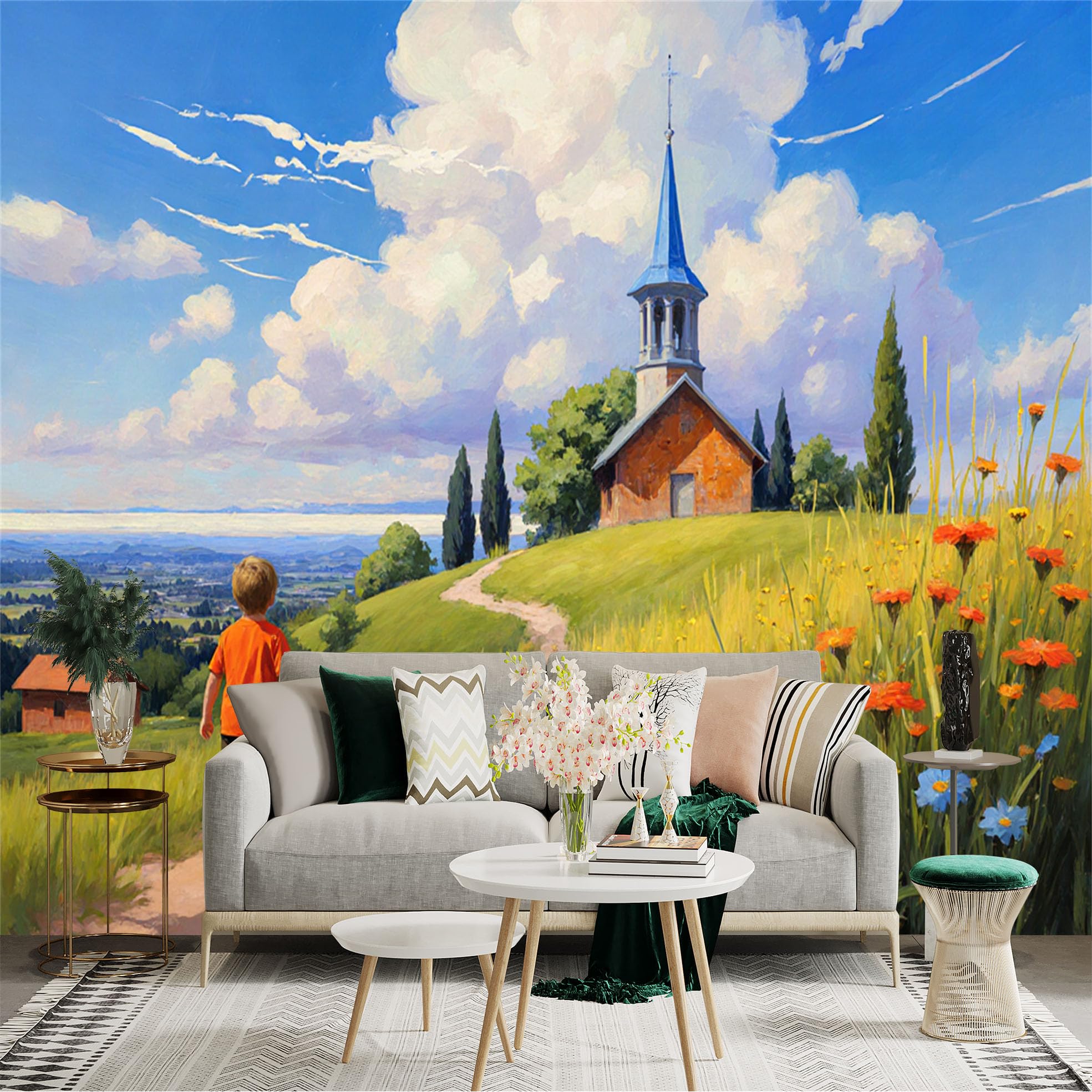 Lnzczhyre Xc260505497 Custom Size Wall Sticker Mural， Countryside Landscape With Chapel， Rural Field， Blue Sky And Summer Clouds， For Wall Decoration， Peelandstick Wall Decals.