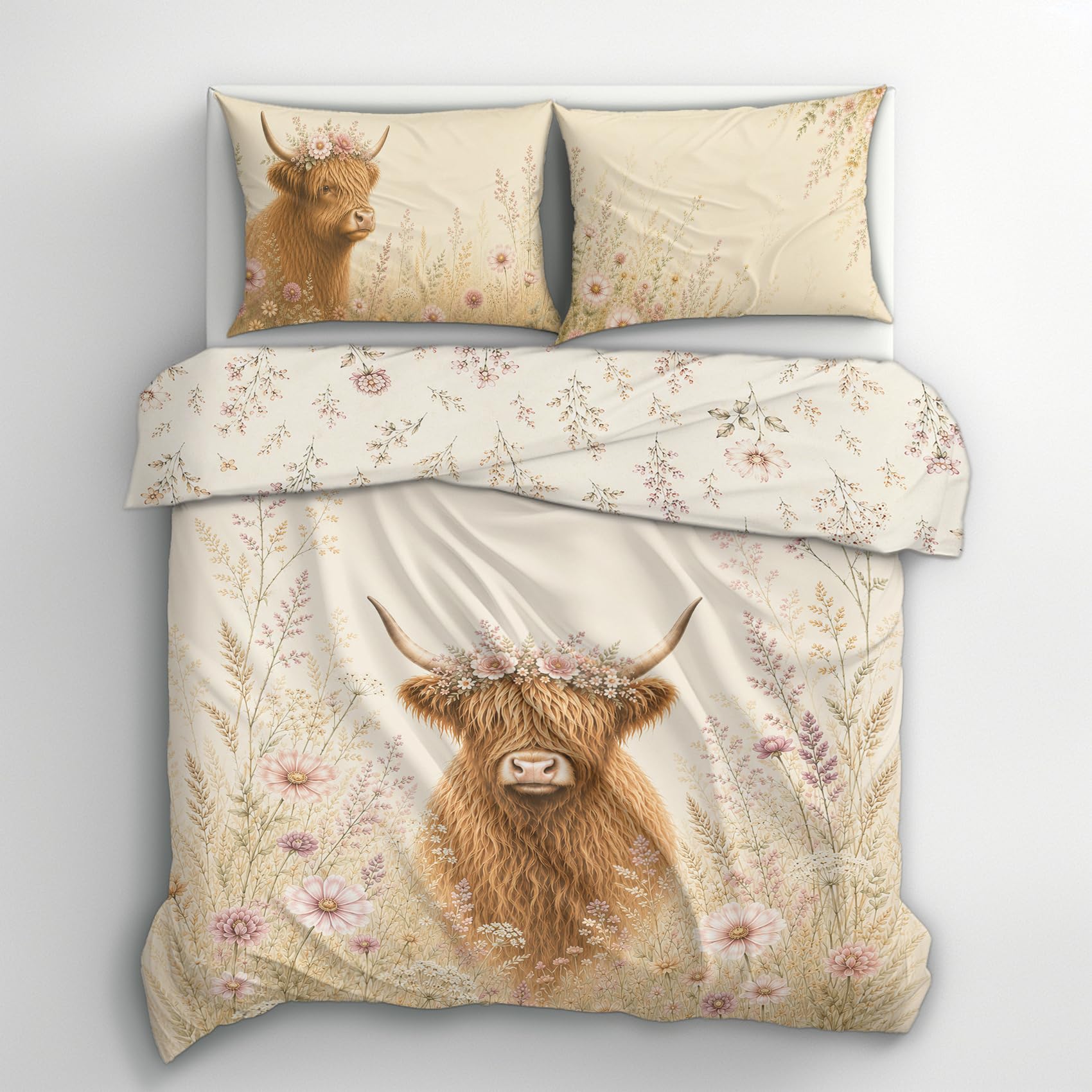 Highland Cow Single Duvet Cover Set, Blue Toile Reversible Vintage Country Bedding, 135 x 200 cm with 2 Pillowcases 50 x 75 cm, Soft Microfibre, Insert Not Included