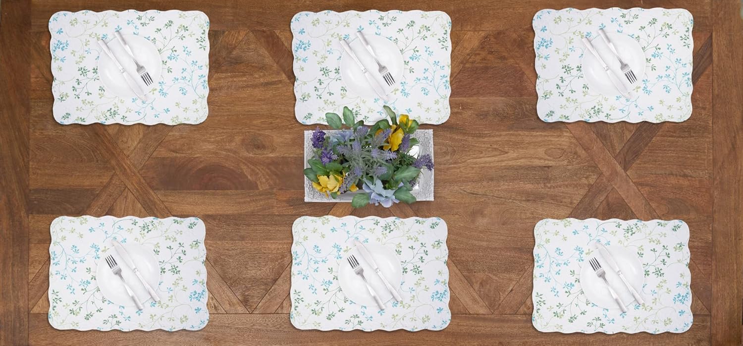 C&F Home Olivia Vintage Blue & White Flowers 100% Cotton Quilted Set of 6 Placemats 13" x 19" Versatile Spring Springtime Easter Home Kitchen Dining Dinner Table Tabletop Scalloped Reversible Machine