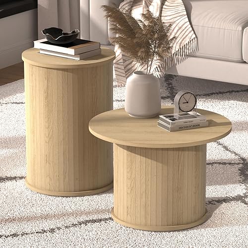 Miniatura 9 de Juego de 2 mesas auxiliares redondas anidables para sala de estar, círculo acanalado de madera negra y juegos de mesa auxiliar para apartamentos,