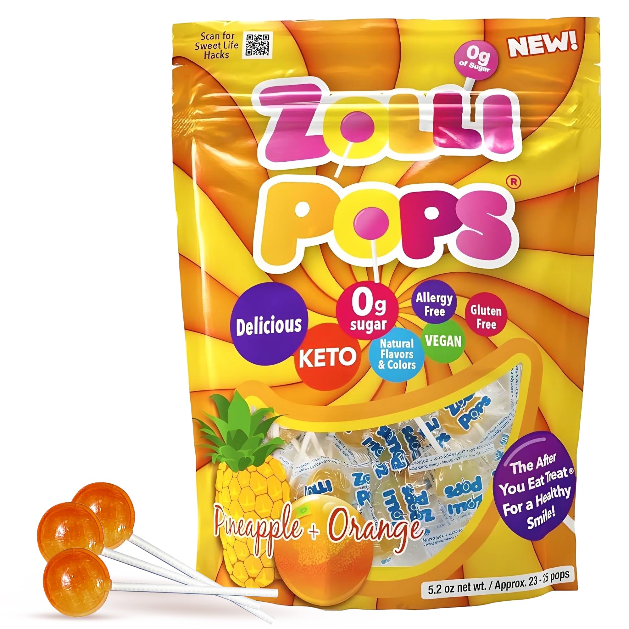 Zollipops Ananas et orange – Fusion acidulée de sucettes aromatisées à l'ananas et à l'orange, sac de 150 ml