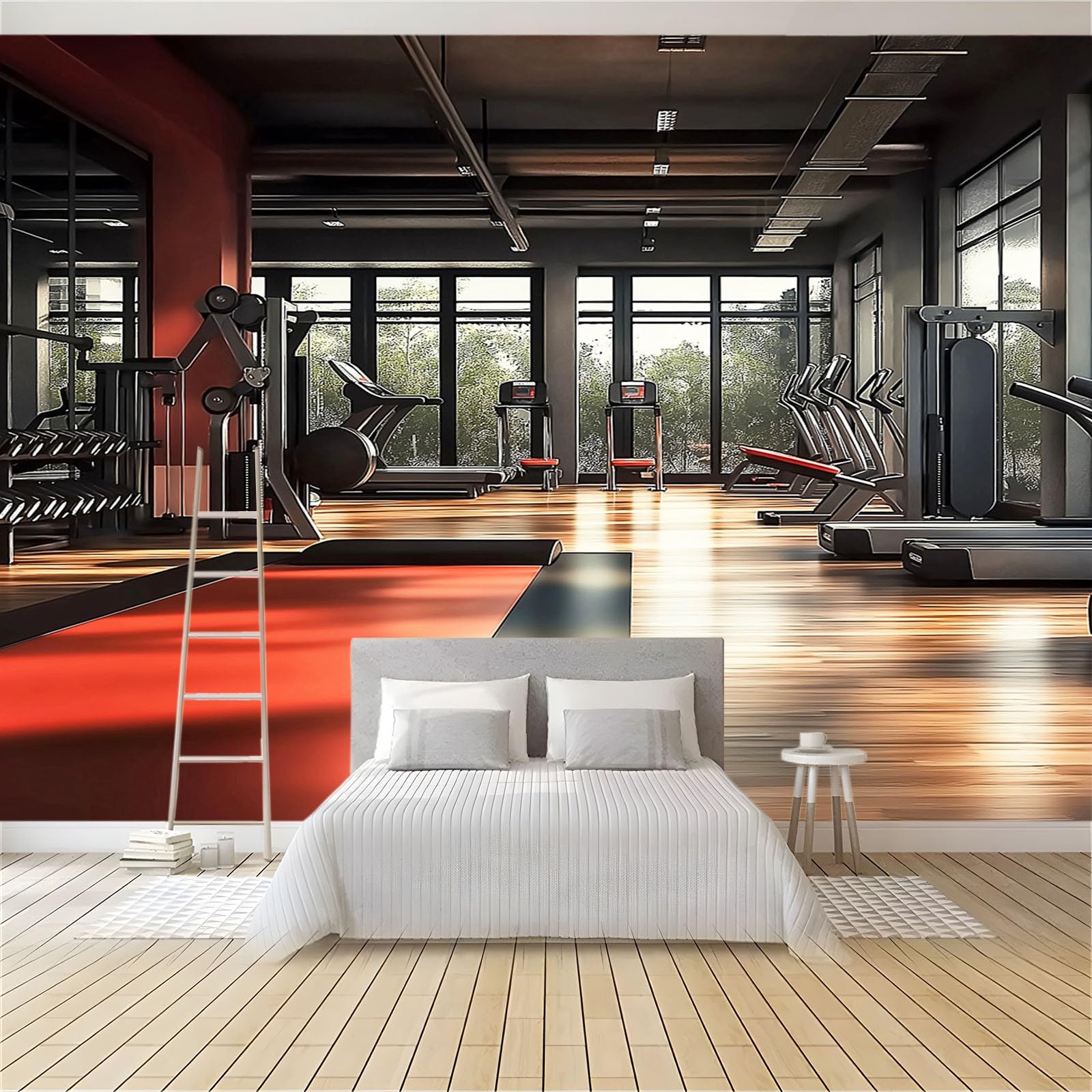 350 x 256 cm Wall Mural Photo Wallpaper Brown Non-Woven Art Print Murals Decor Poster Picture, Movie Style Gym Equipment Photo Wallpaper for Bedroom Living Room Office Hotel Background