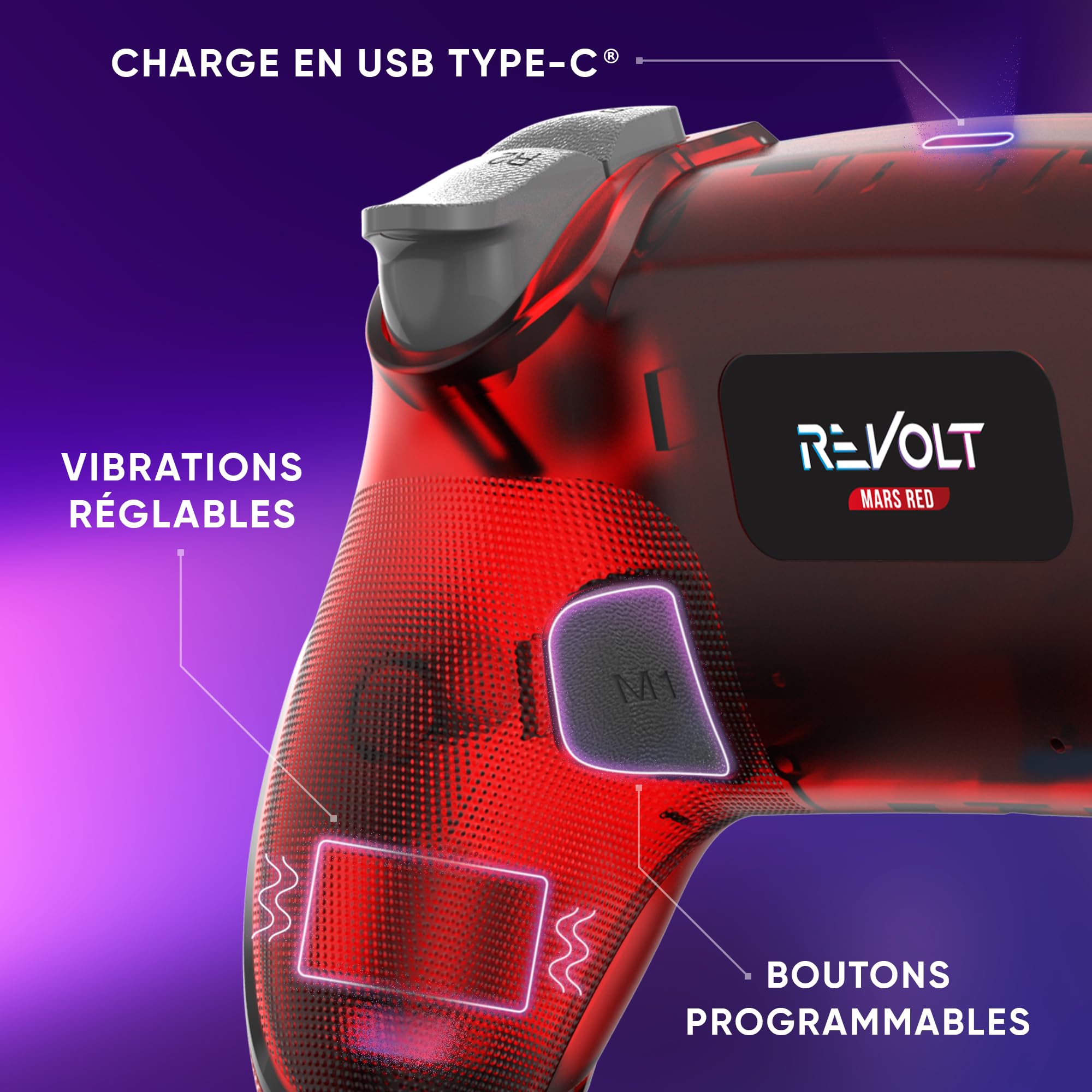 Manette sans fil pour PS4 PS3 PC ANDROID iOS, Sortie Casque, Joystick Hall Effect, Batterie Rechargeable 1000mAh, boutons macro, mode Turbo, Wake up, Gyroscope 6 axes, Revolt Mars Red