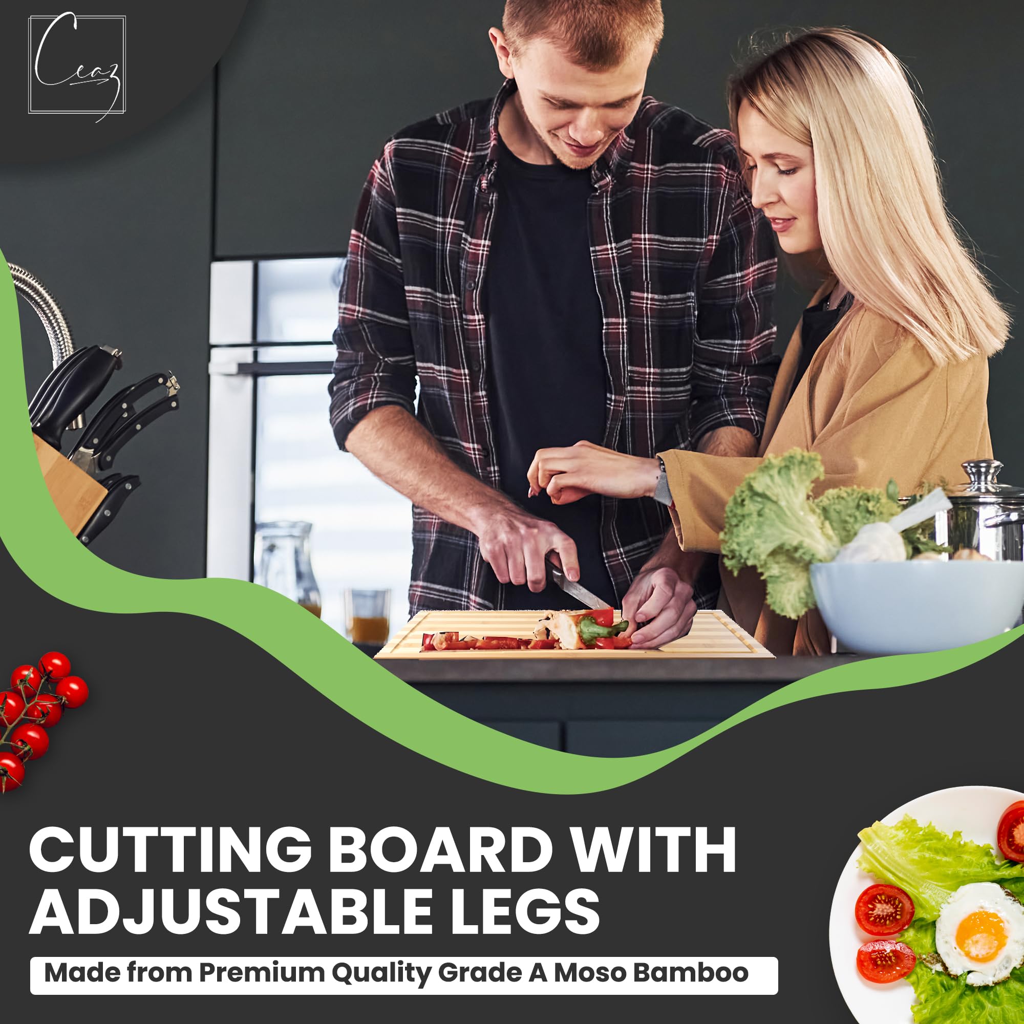Ceaz Tabla de cortar de bambú con patas ajustables, bloque de carnicero de corte de madera y cubierta de estufa para cocina y caravana, completa con cubiertas de silicona para alimentos