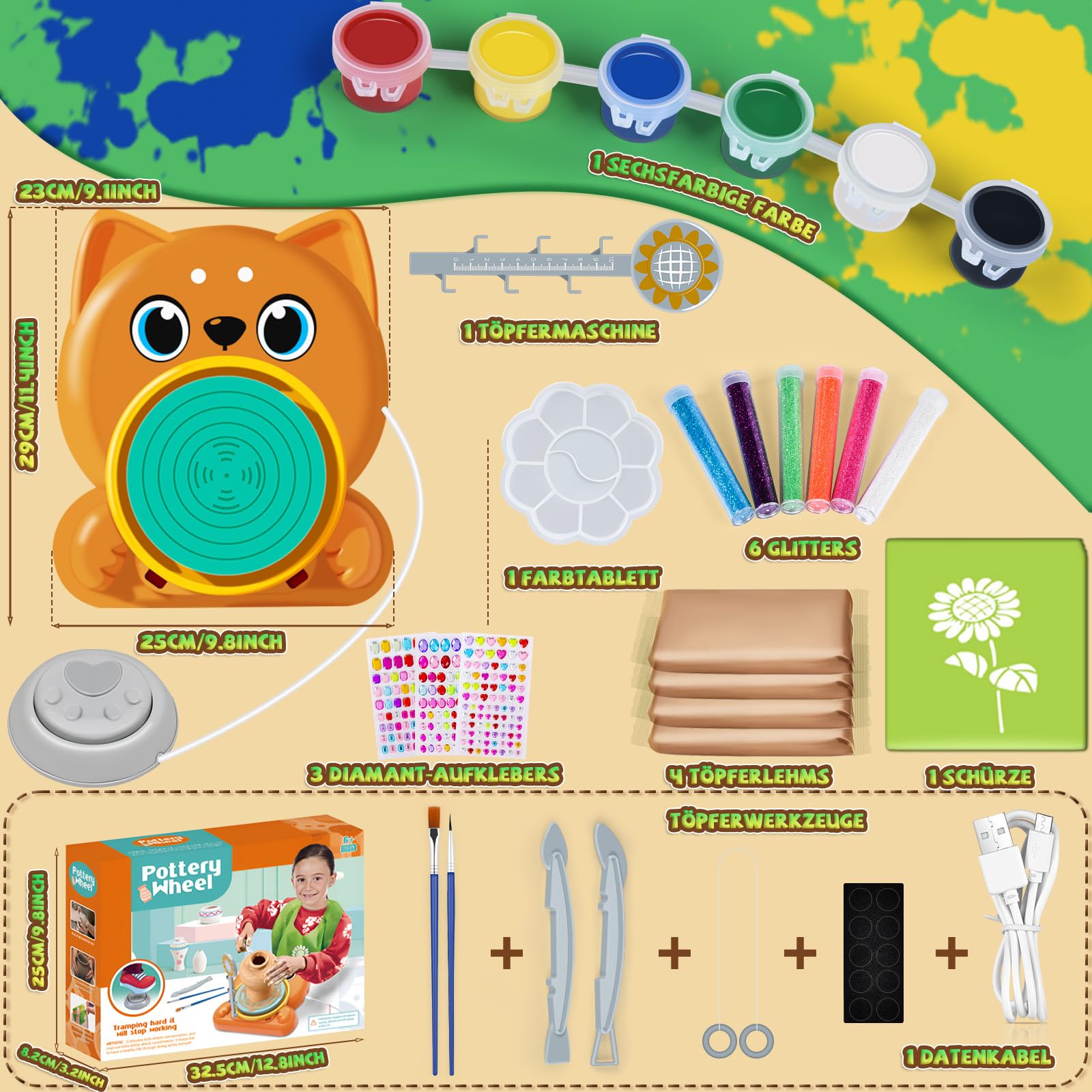 JONRRYIN Kit Ceramica per Bambini, Ruota in Ceramica Elettrica, Kit Fai da Te con Argilla, Colori, Grembiuli, Regali per Bambini dai 6 Anni (Cani)