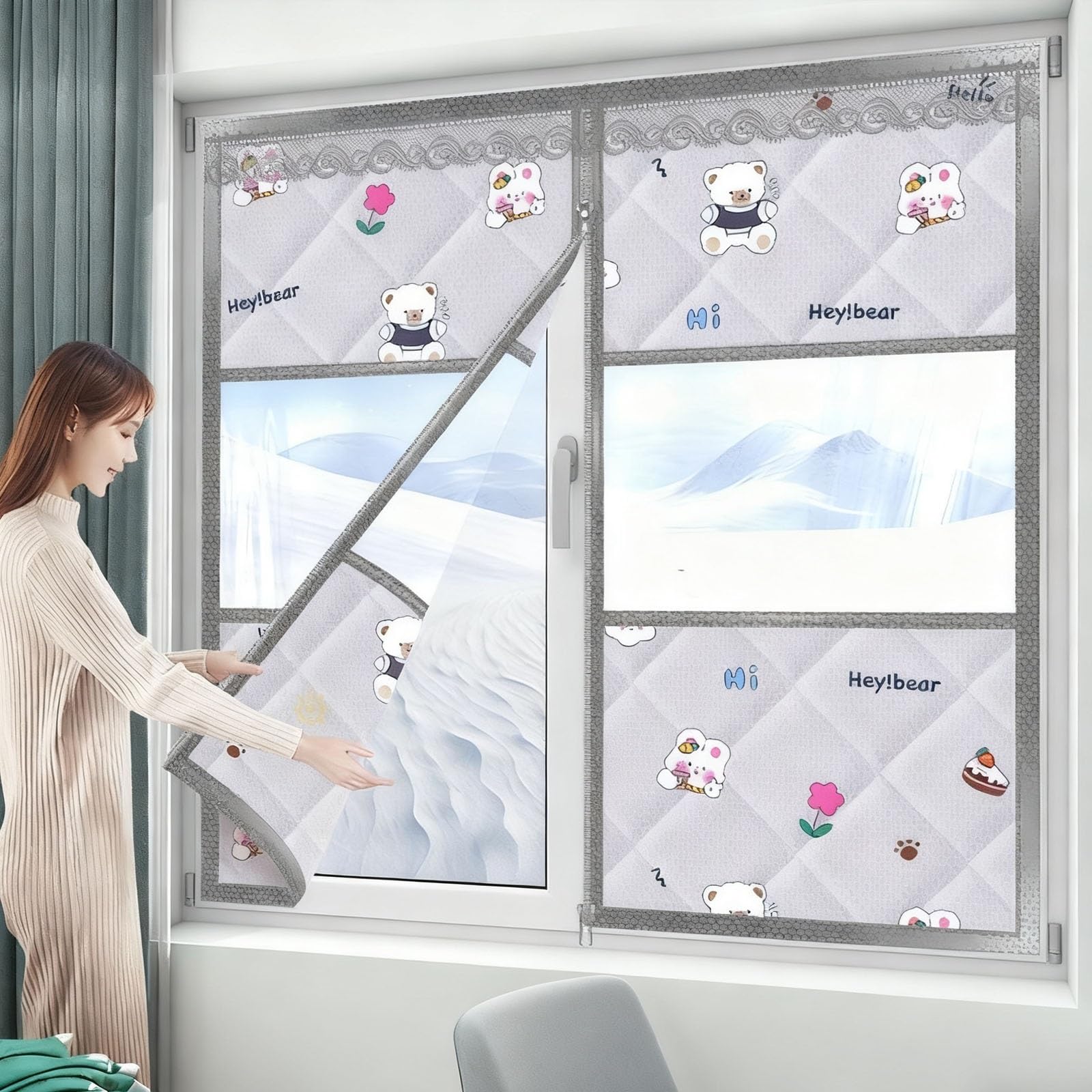 Isolierfolie Fenster Thermofolie Fenster Oxford Stoff 3-Lagig Fensterdämmung Kälteschutz Wärmedämmung Vorhang Verdunkelnd Winter Isolierung Für Fenster Innen(Silber,130x200cm)