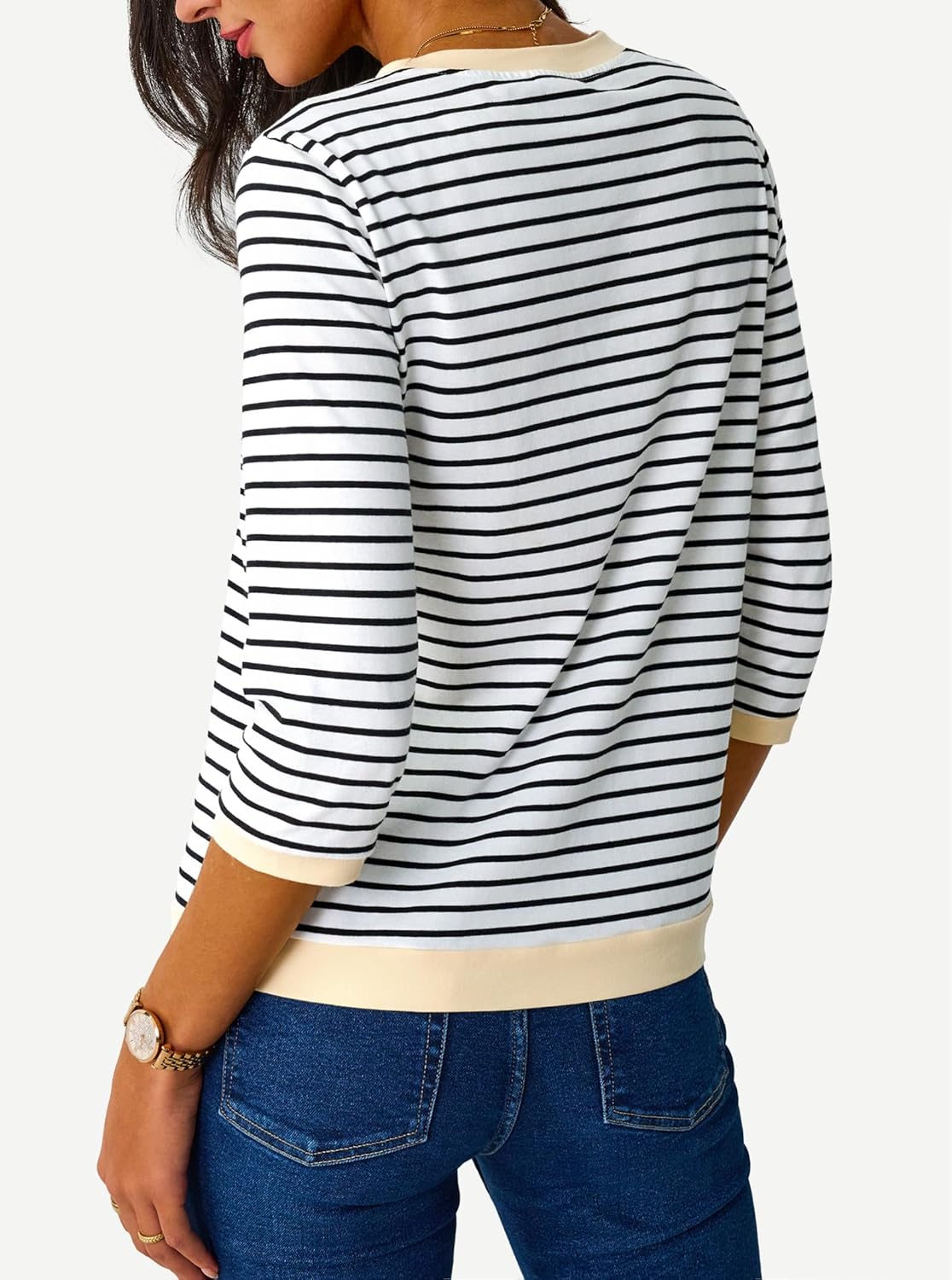 LilyCoco Womens 3/4 Length Sleeve Tops Striped Boatneck Shirt Breton French Cotton Tees - Image 4