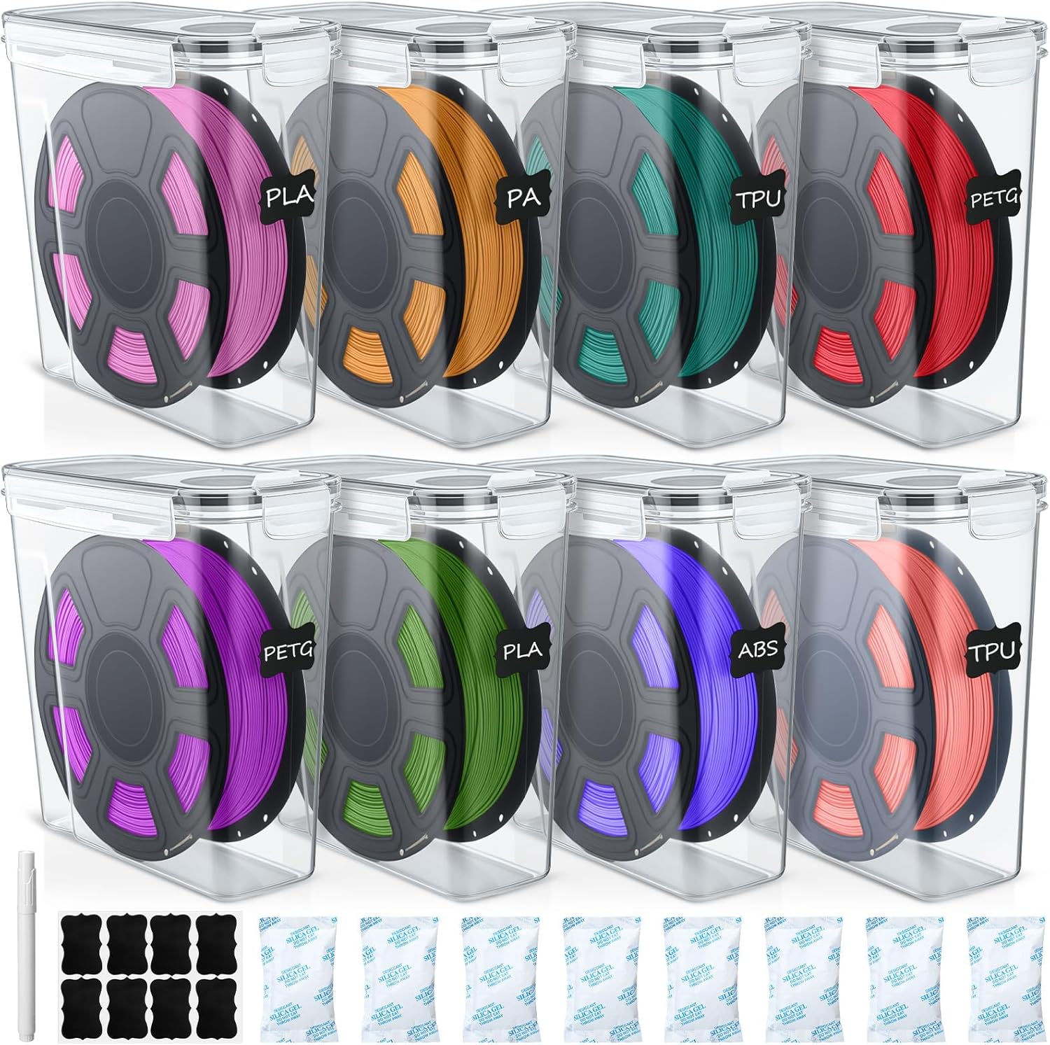 8 Pack 3D Printer Filament Storage Box - Portable Sealed Filament Container 4.0 L Water-Proof & Dust-Proof with Desiccant, Tag, Pen for Studio Office Workshop Home, Only Case Set
