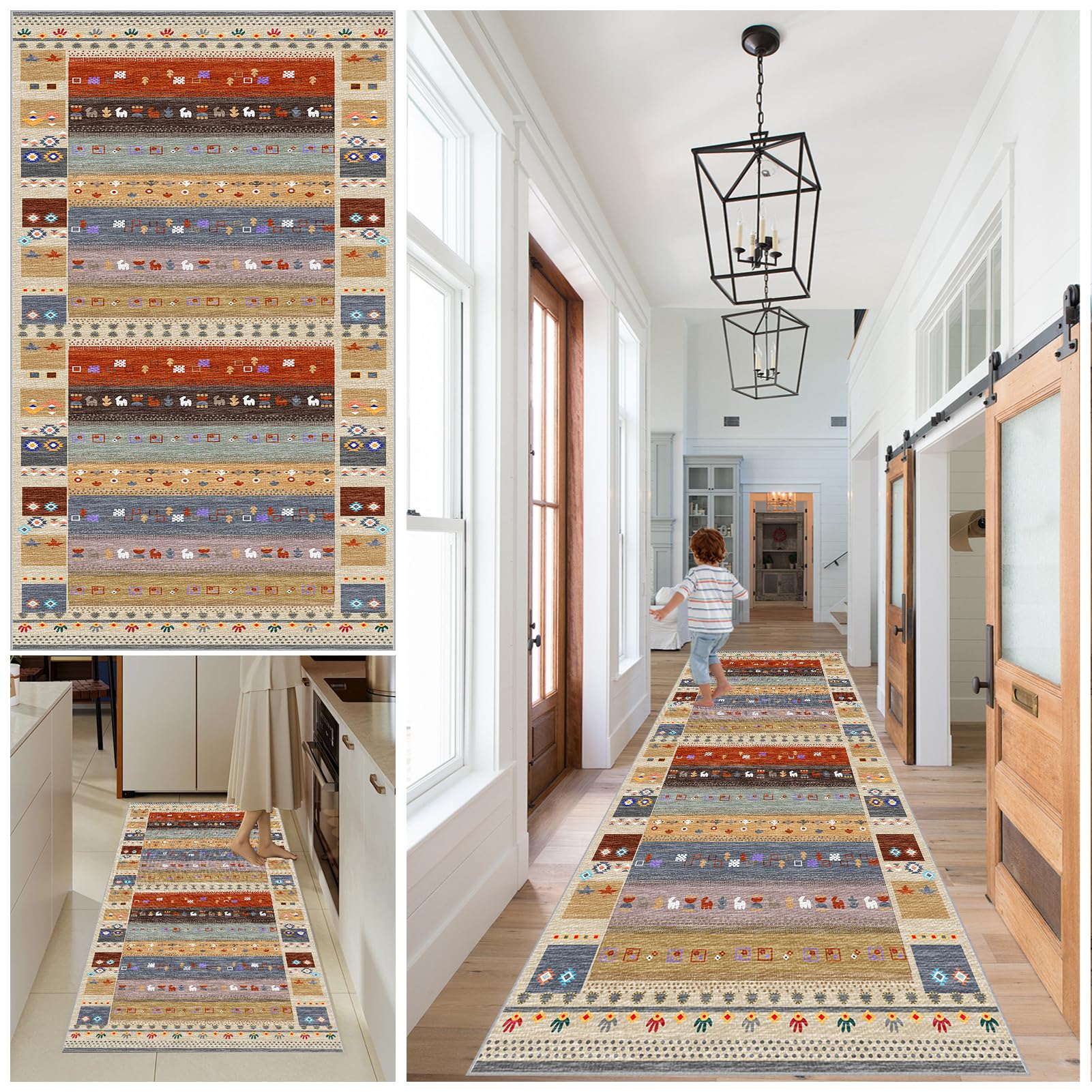 Hallway Runner Rug Kitchen Runners Non Slip washable runner Vintage Carpet Runners for Entryway Long Absorbent Low Pile Floor Mat Hall Runners for Kitchen Bedroom Entryway Laundry 90 x 380 cm