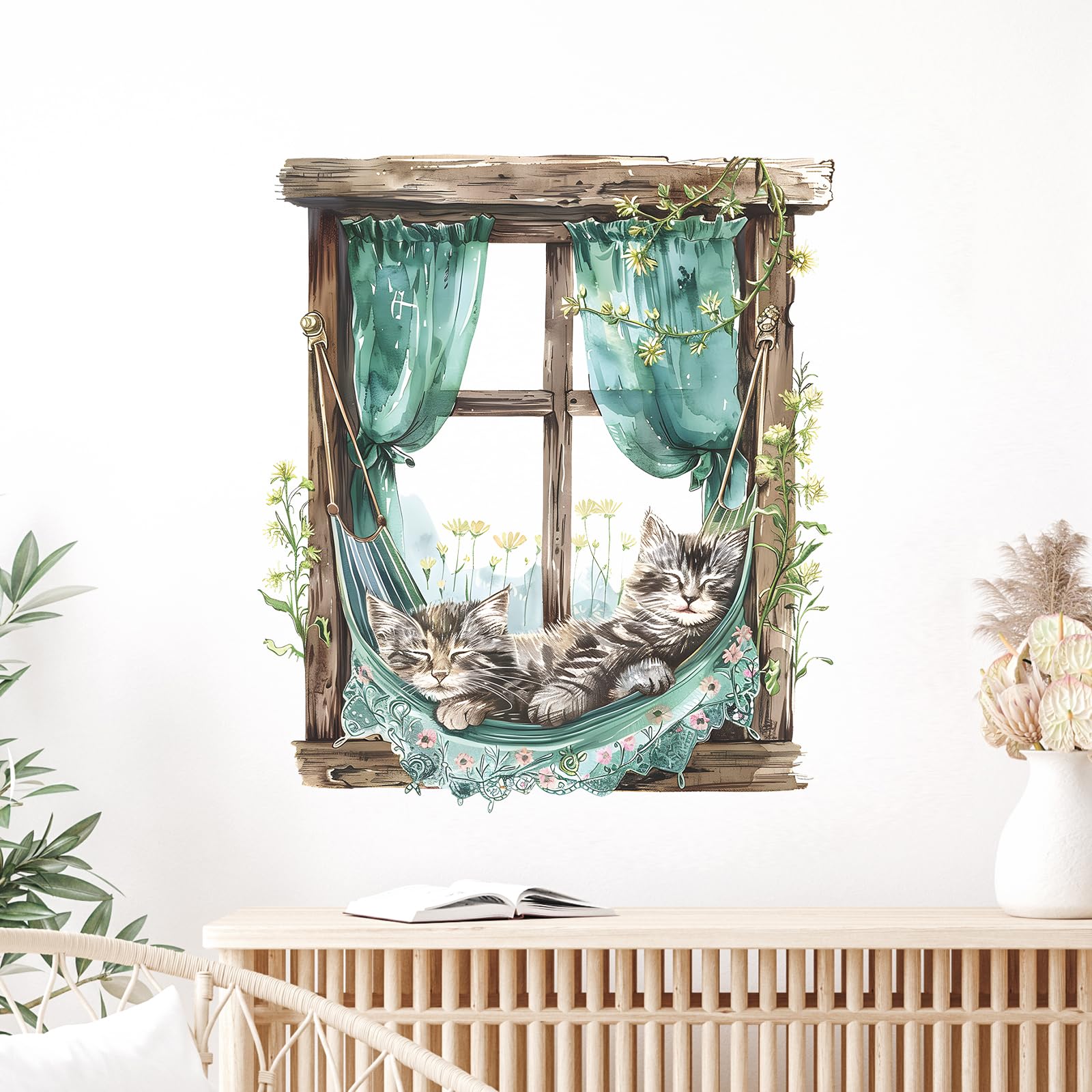 Tanlaby Katzen Aufkleber Wandtattoo Tiere Wandsticker Gefälschte Fenster Kätzchen Wandaufkleber Abziehen und Aufkleben Selbstklebende Abnehmbare Wandaufkleber für Wohnzimmer Schlafzimmer Babyzimmer