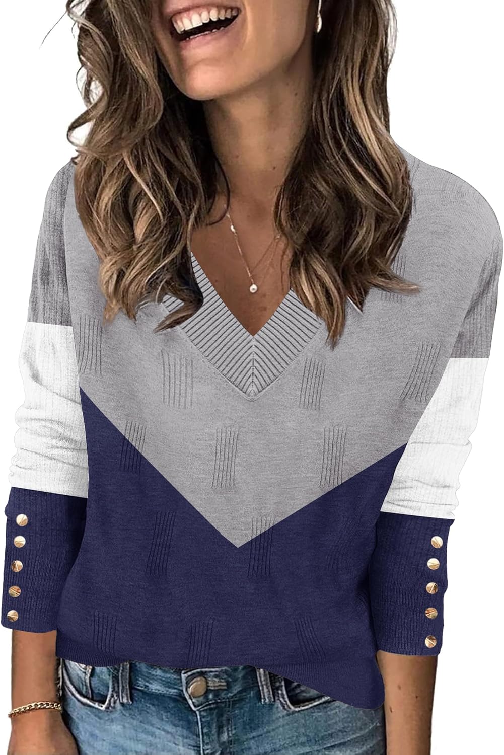 Zeagoo Womens V Neck Sweaters Shirts Long Sleeve Lightweight Ribbed Knit Pullover Sweater Blouse Tops with Buttons Oufits - Image 2