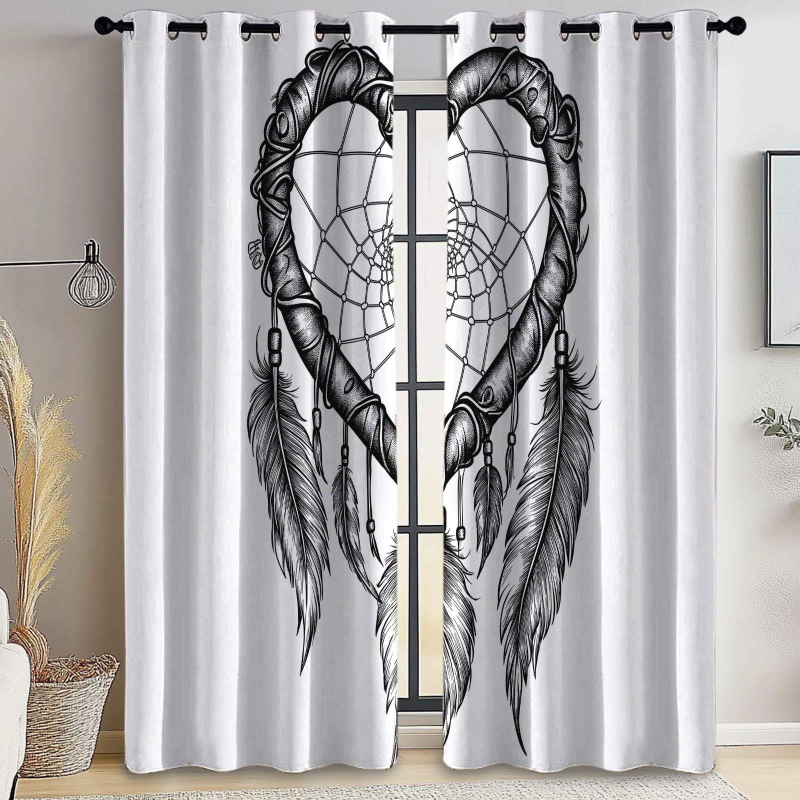 Rideaux Occultants 91.5x214 cm 2 Panneaux Attrape-rêves Coeur Tissu Occultant Chambre Enfant Blanc