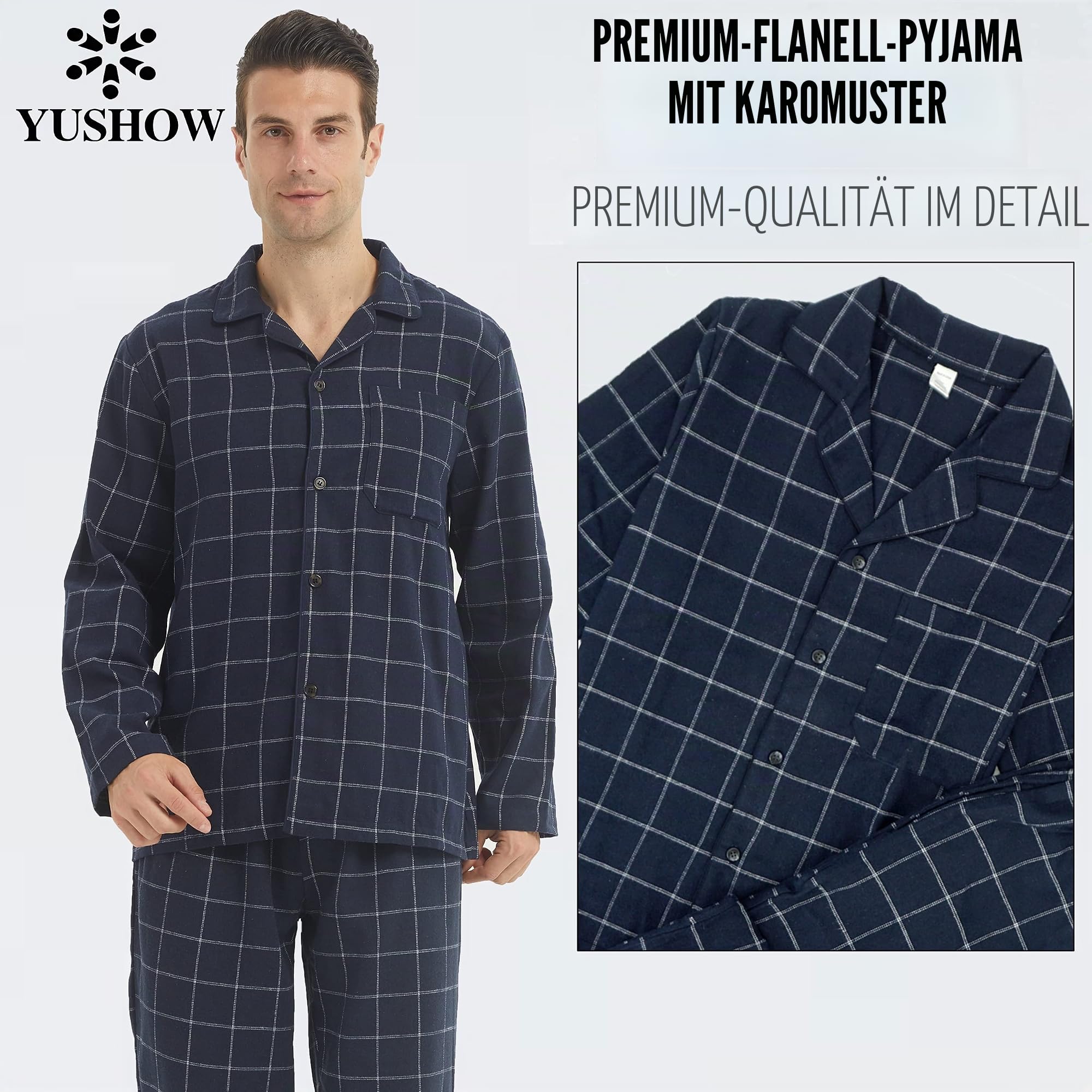 YUSHOW Schlafanzug Herren Lang Zweiteiliger Flanell Baumwolle Winter Karierte Schlafanzüge Ultraweiche Langarm Oberteil Weich Pyjamahose mit Tasche Männer Pyjama Set