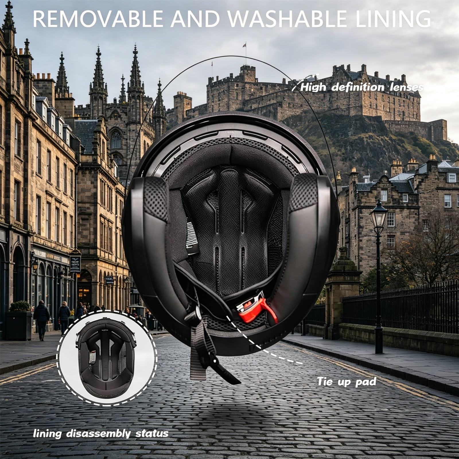 Voyager 3/4 Casque Jet Moto Homologué Dot ECE Noir Mat Bande Dorée Visière Solaire Cachée Doublure Amovible Lavable Hommes Femmes M-2XL Casque Scooter Cruiser