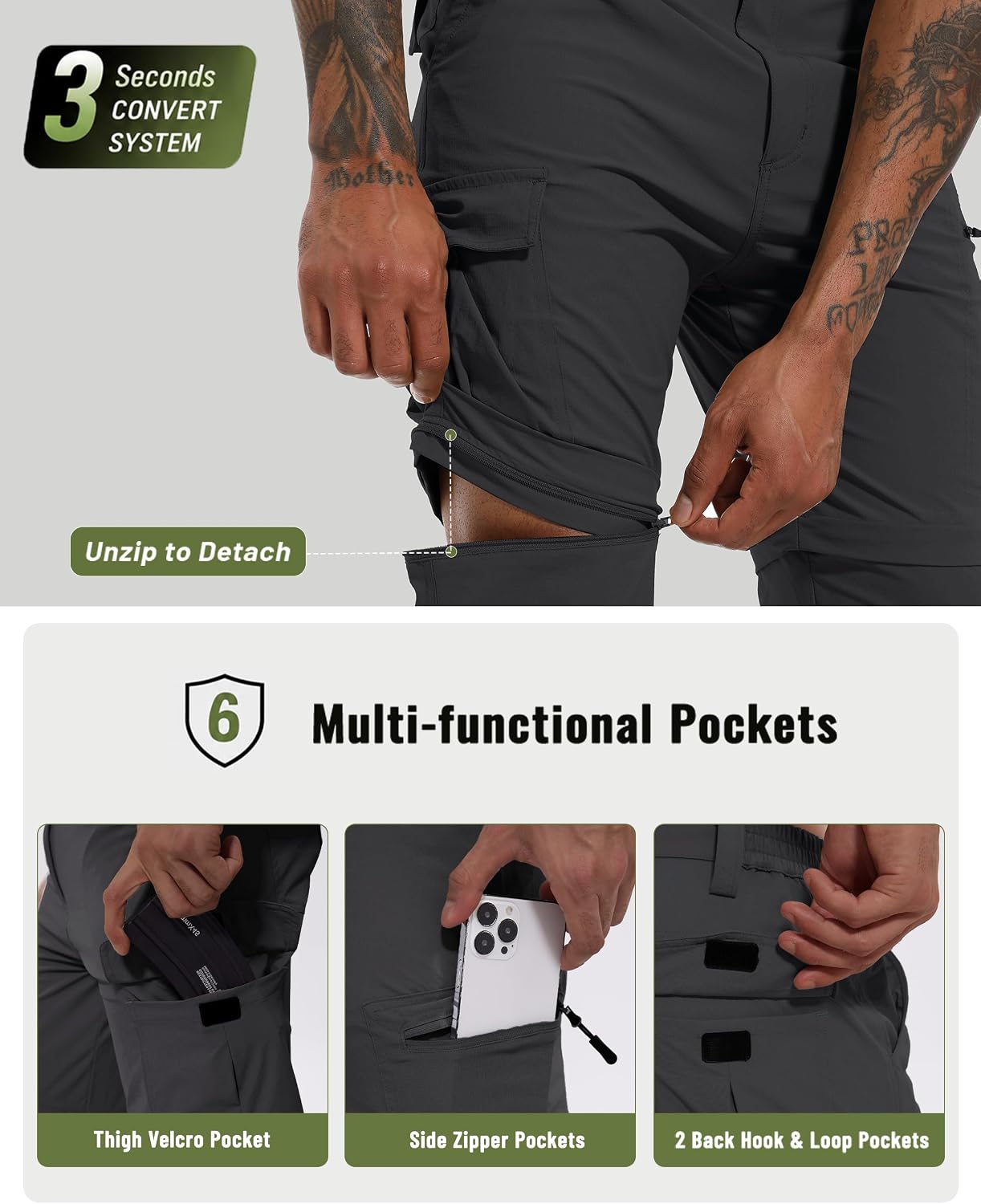 Men's Hiking Convertible Zip Off Pants Outdoor Waterproof Quick Dry Lightweight Fishing Safari Travel Cargo Work Pants image 5