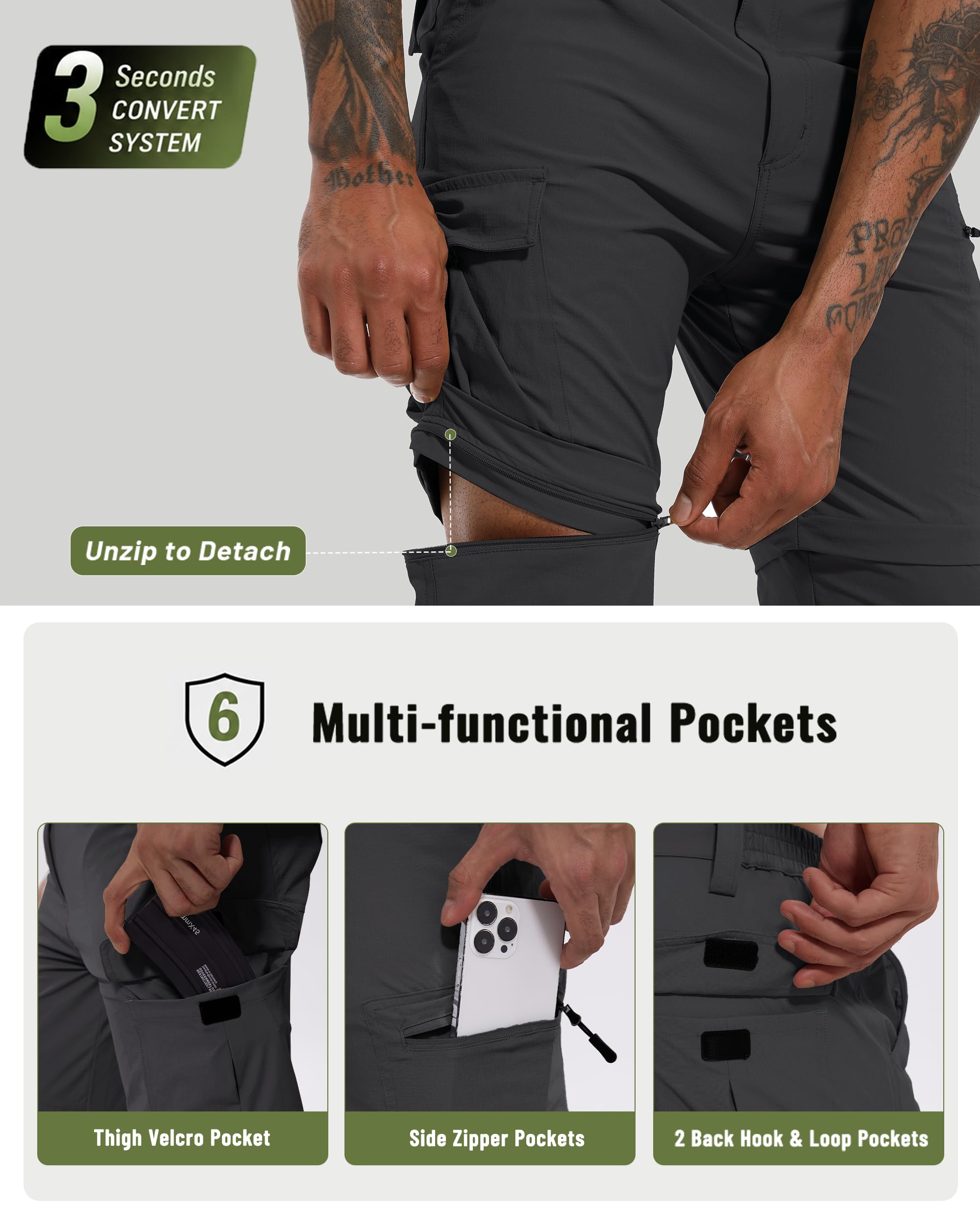 Pantalones convertibles de senderismo para hombre, con cremallera, impermeables, de secado rápido, ligeros, para pesca, safari, viajes, trabajo
