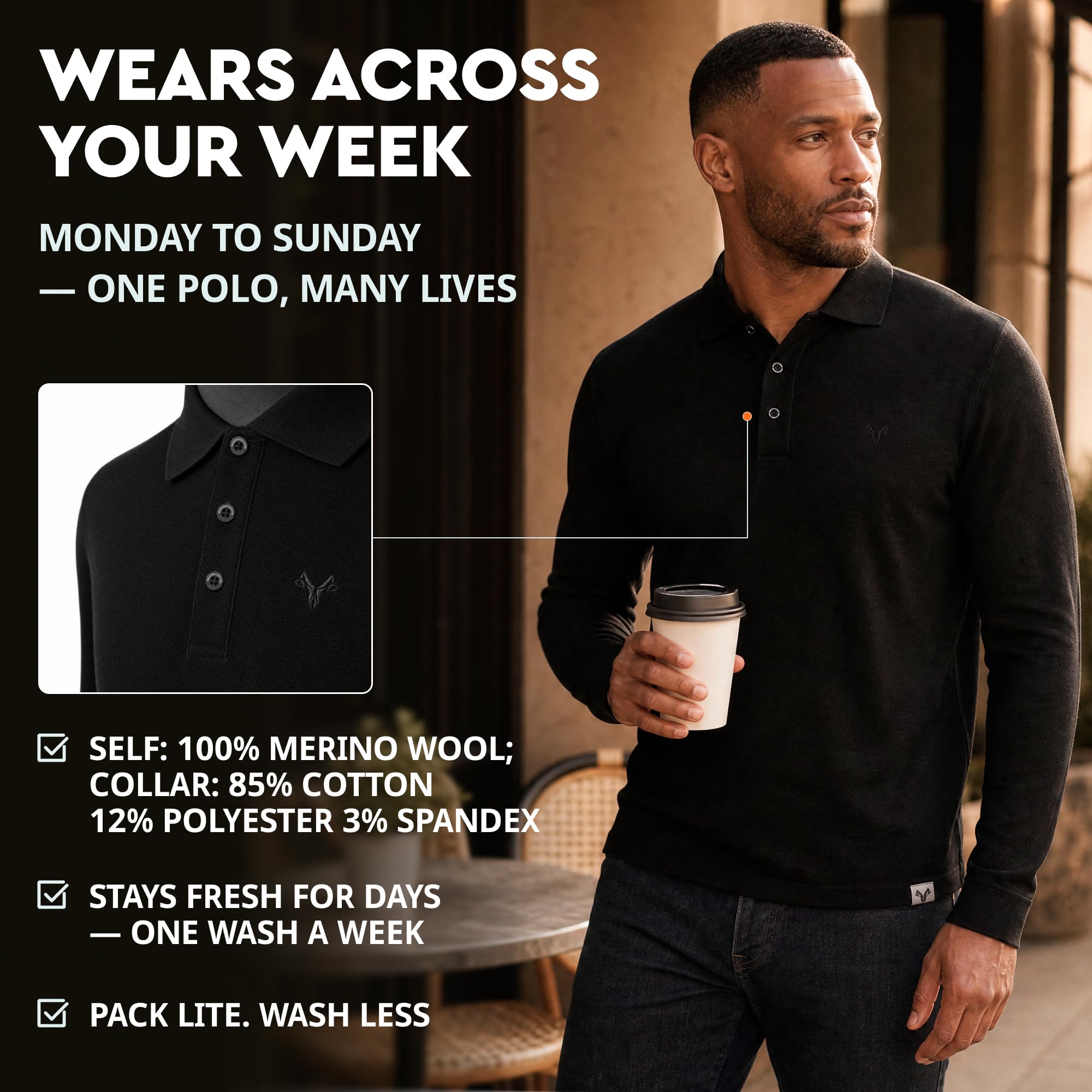 MERINNOVATION Langärmeliges Poloshirt aus Merinowolle für Herren, 100 % Merinowolle, Piqué, feuchtigkeitsableitend