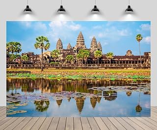 5x3ft Angkor Wat Temple Backdrop Asia SIEM Reap Cambodia Lake Tropical Trees Blue Sky Scenery Background Asia Travel Wedding Birthday Party Decor Party Decor Portrait Photo Booth Props