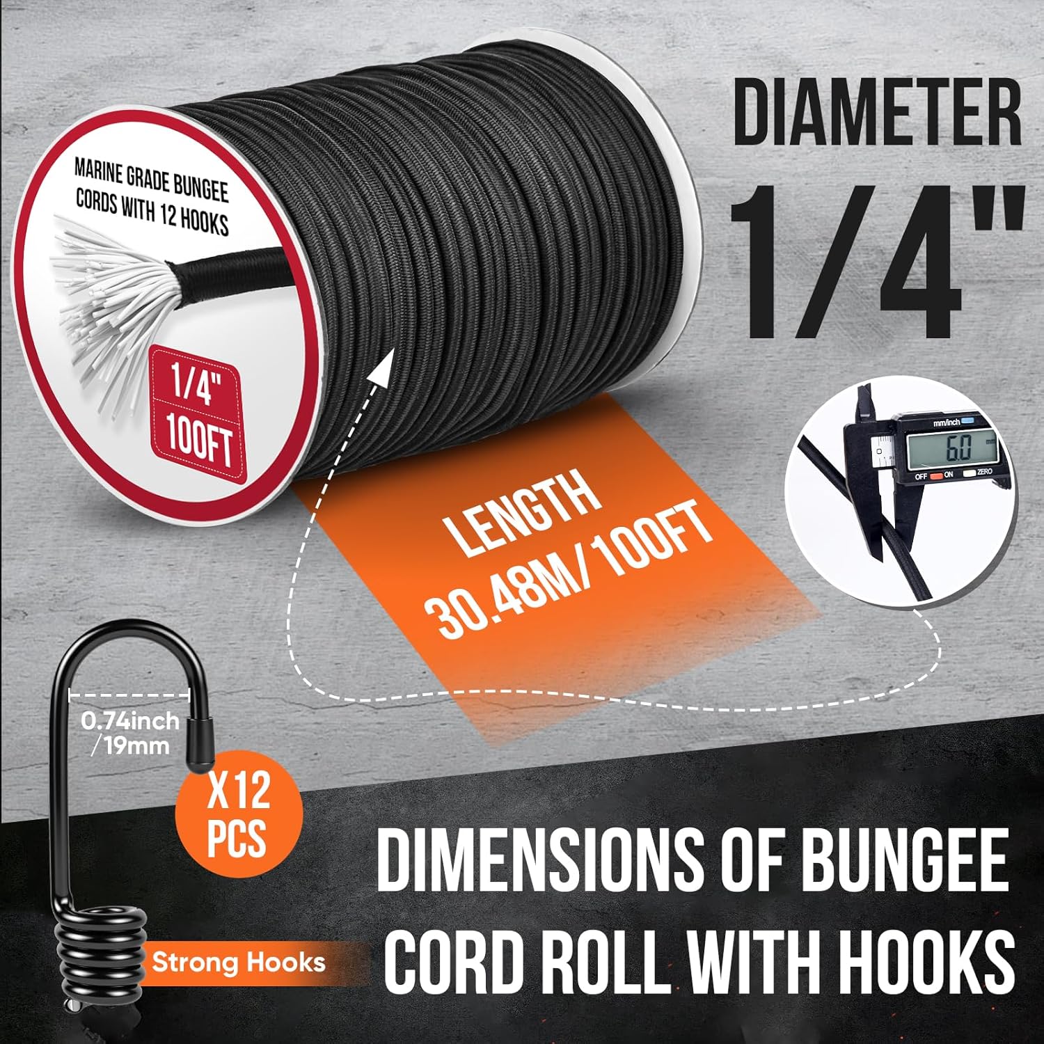 Marine Grade Heavy Duty Bungee Cord Roll with 12 Hooks - Black Elastic Shock Cord Kit for Kayak Deck, Outdoor Camping, Tarp Tie Downs, Bike Rack, DIY Assorted Bungee Ropes (1/4" x 100ft)