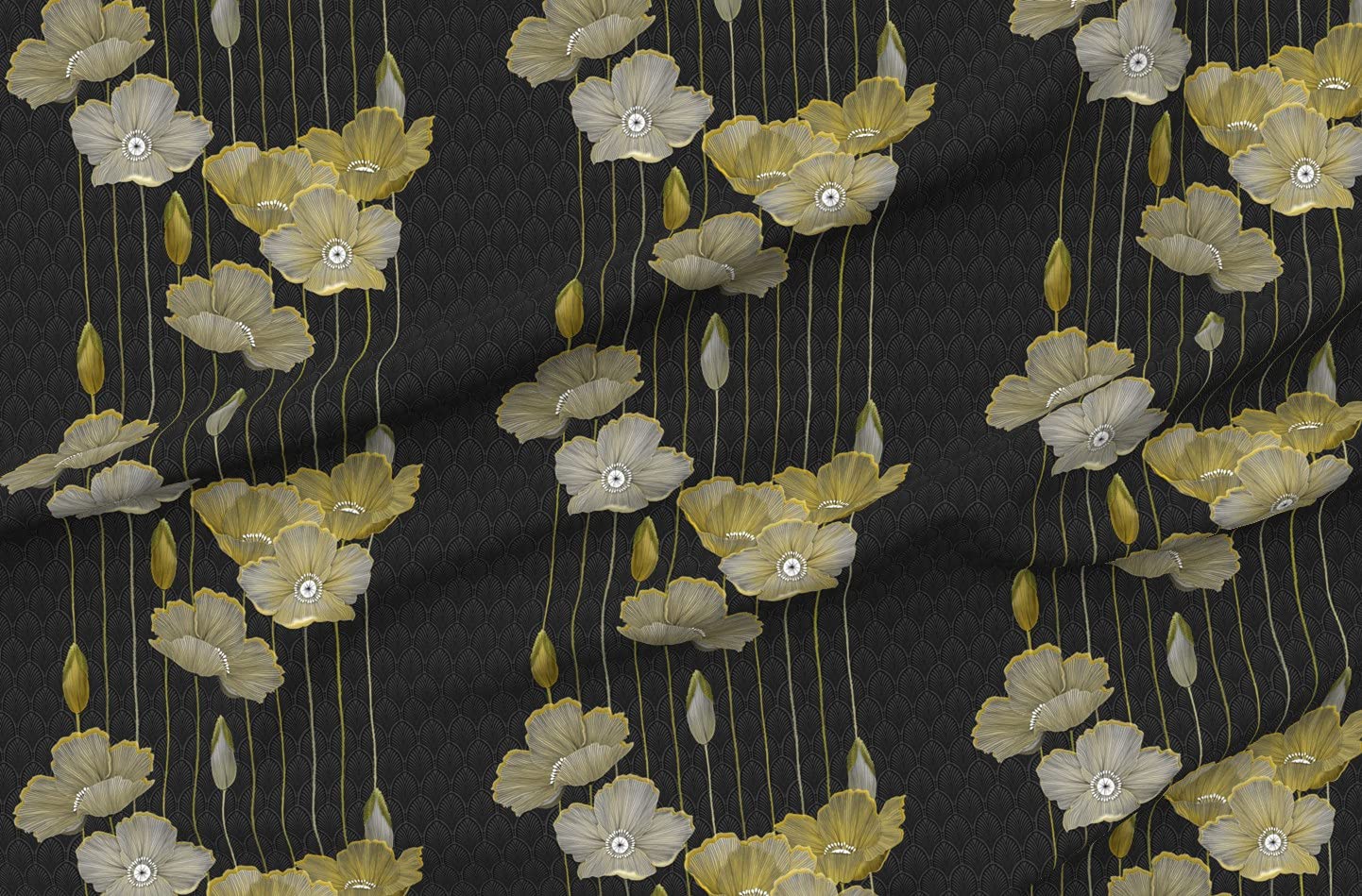 Spoonflower Fabric - Art Deco Vintage 1920S Glam Floral Black Gold Flapper Roaring 20S Printed on Cotton Lawn Fabric by The Yard -