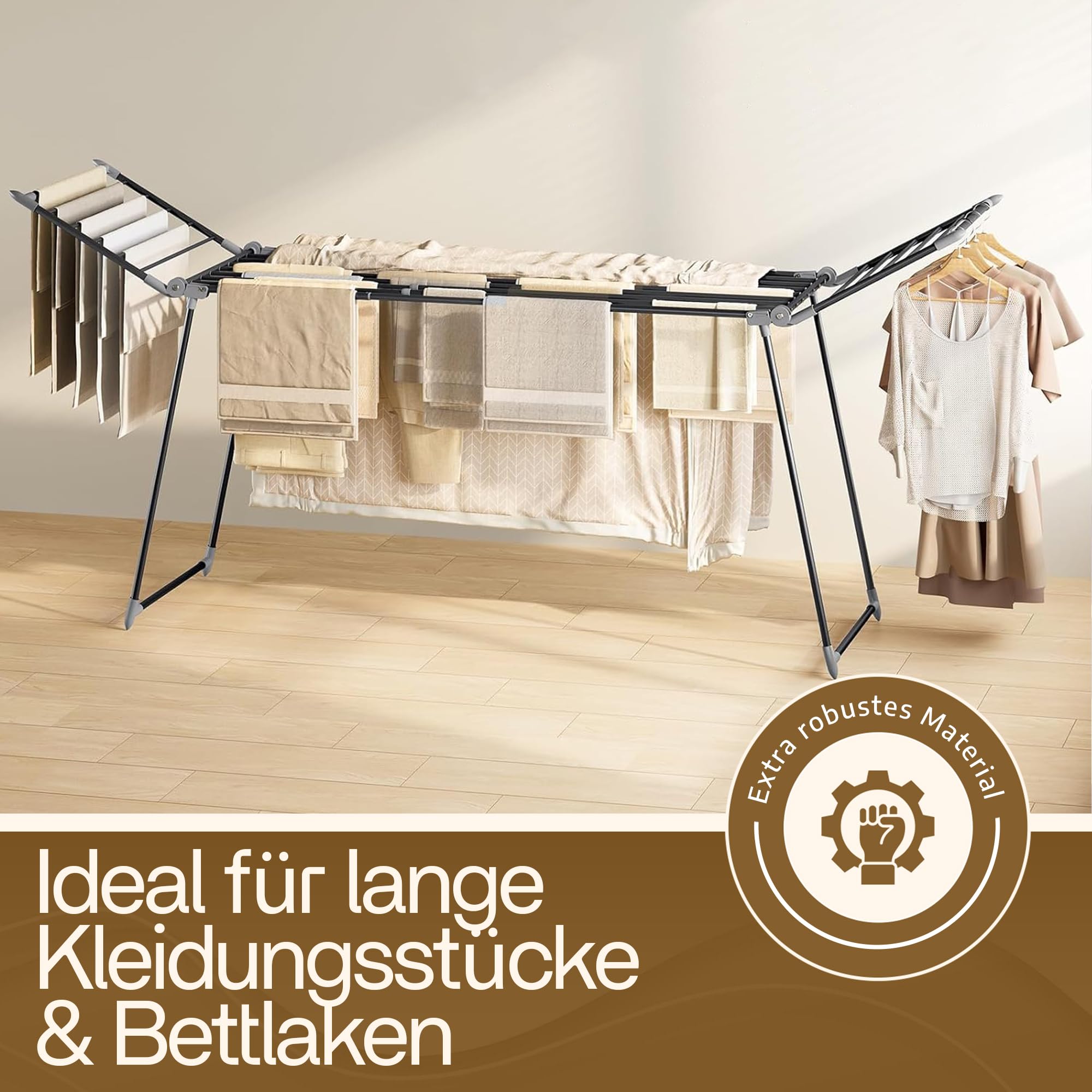 Meisterhome® Wäscheständer Schwarz – Ausziehbar & Klappbar – 25 m Trockenlänge – Stabiler Wäscheständer aus Carbonstahl – Extra Groß, Platzsparend & Belastbar bis 30 kg