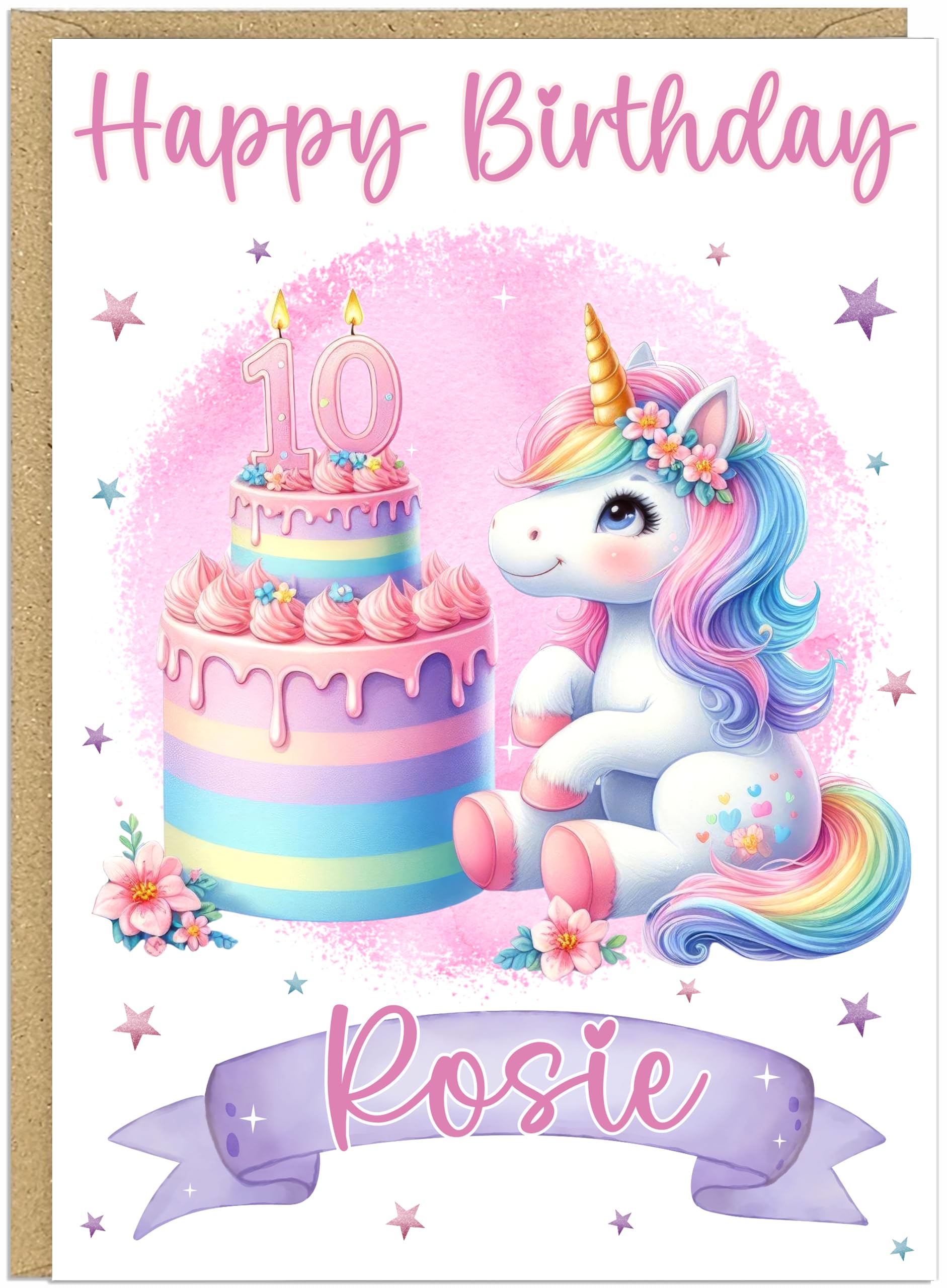 Personalised Cute A5 Unicorn Happy Birthday Cards for Little Girls - Custom Own Name & Age 1-12 Years Designs - Cute Girly Greeting Cards For Her (Age 10)