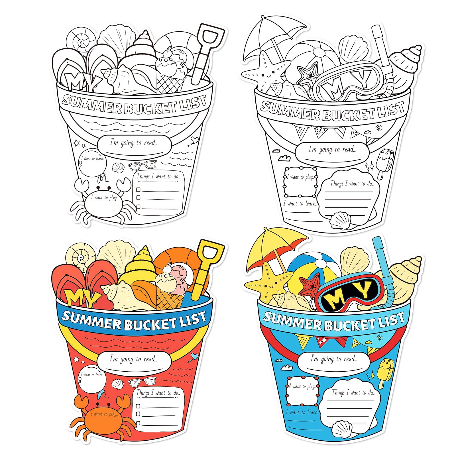 32pcs My Summer Bucket List for Kids, 2 Styles Funny My Summer Bucket List Coloring Activities Student Posters Suitable for Camp School Classroom Class Beach Party Gift Favor Supplies and DIY Crafts