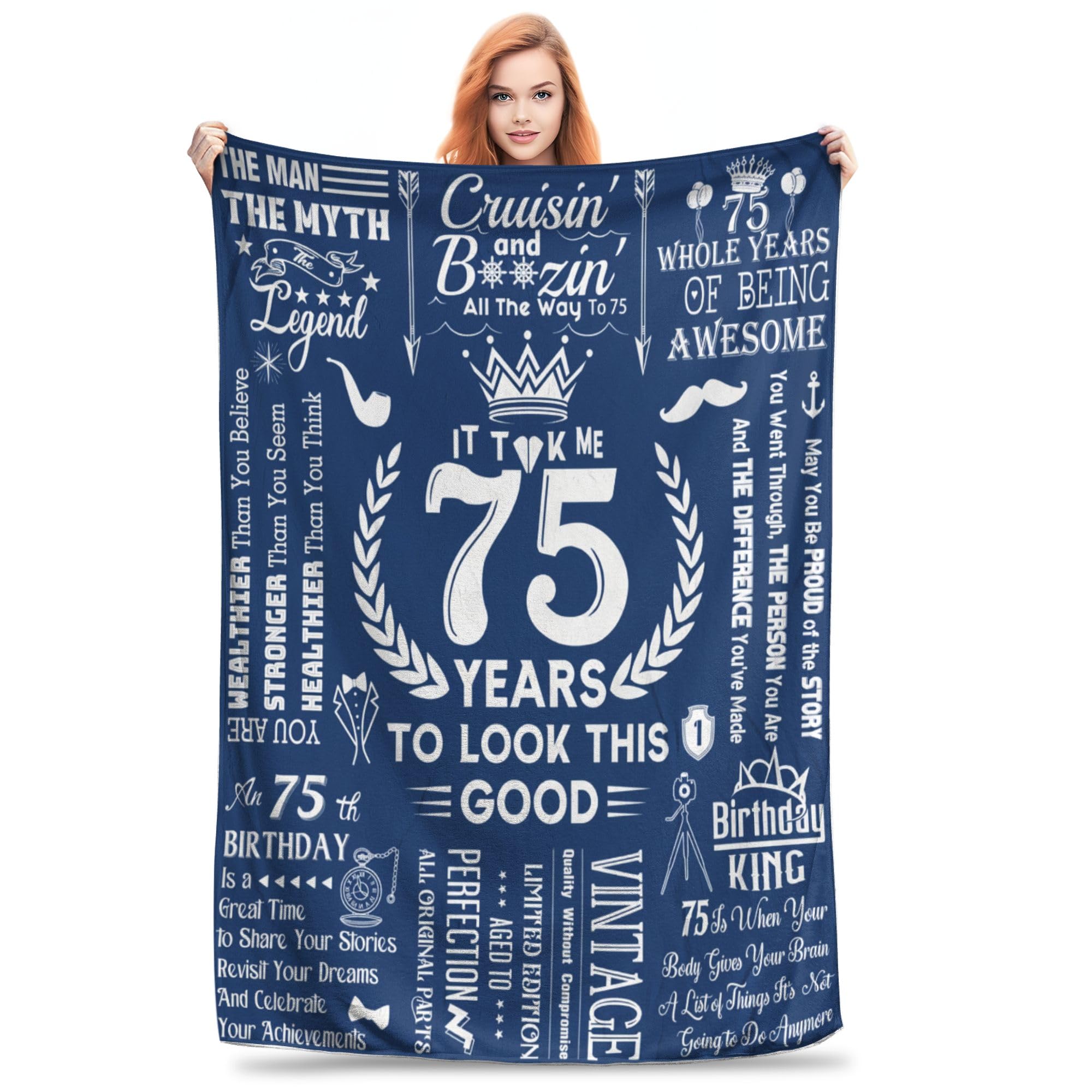 HiHELLOH 75th Birthday Gifts Men Women Blanket 60”X50”, Unique Happy 75th Birthday Throw Blanket, 75 Years Old Birthday Gifts Ideas for Daddy Grandma Grandpa 50x60