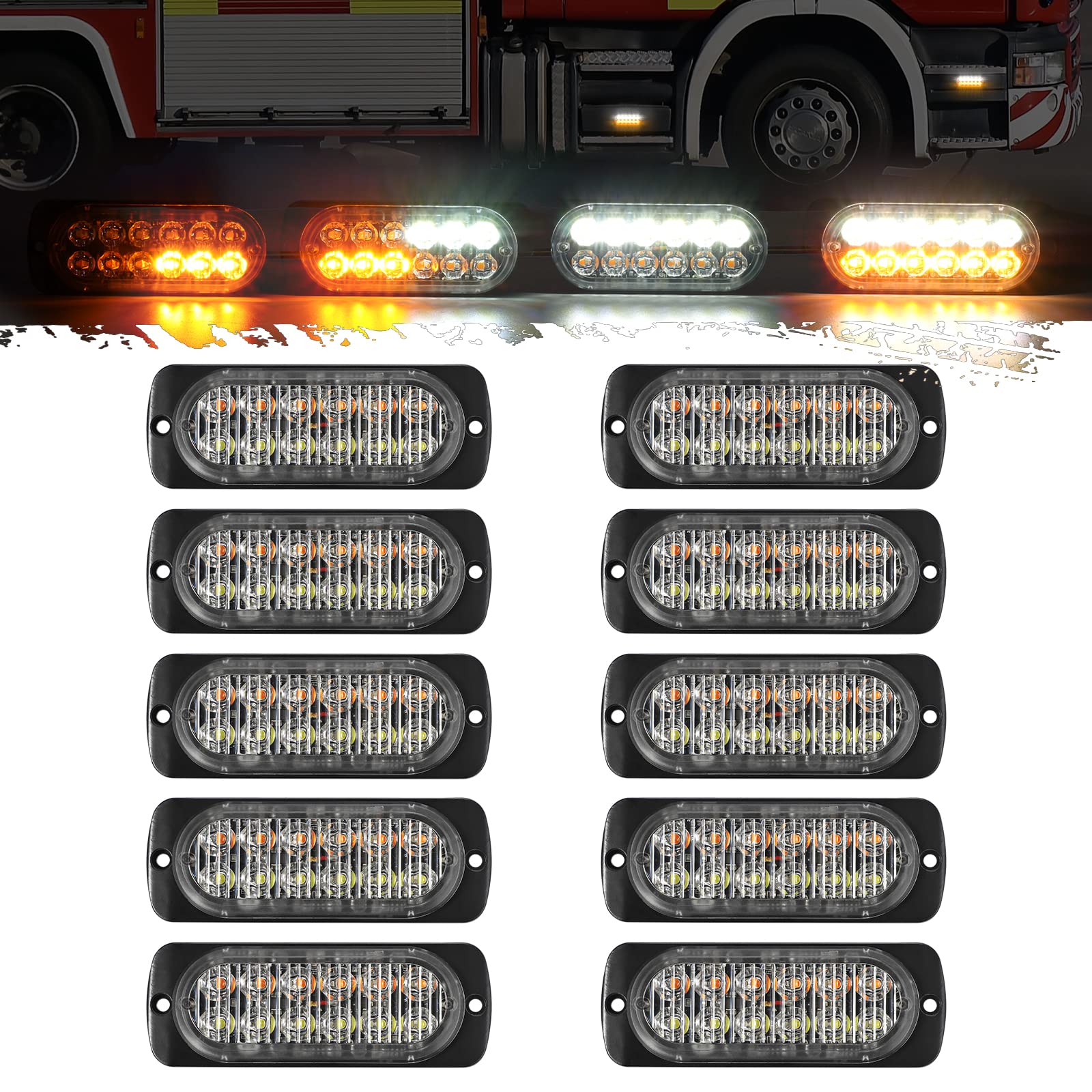 Partsam 10pcs Emergency Strobe Light Lamps Surface Mount Warning Flashing Light 12LED 6 Amber 6 White Beacon Hazard Lights for Car Truck Van Off-Road Vehicle ATV SUV