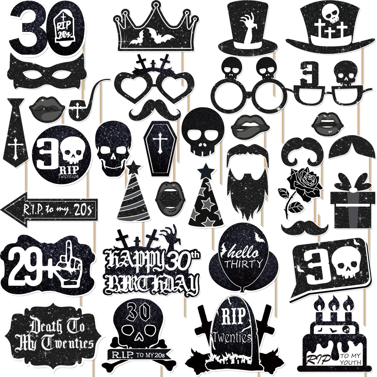 24 Accessoires Photo Booth 30 Ans - Décorations Rip Twenties Rose Gold & Noir Pour Fête D'Anniversaire 30e - Mort à Mes 20 Ans