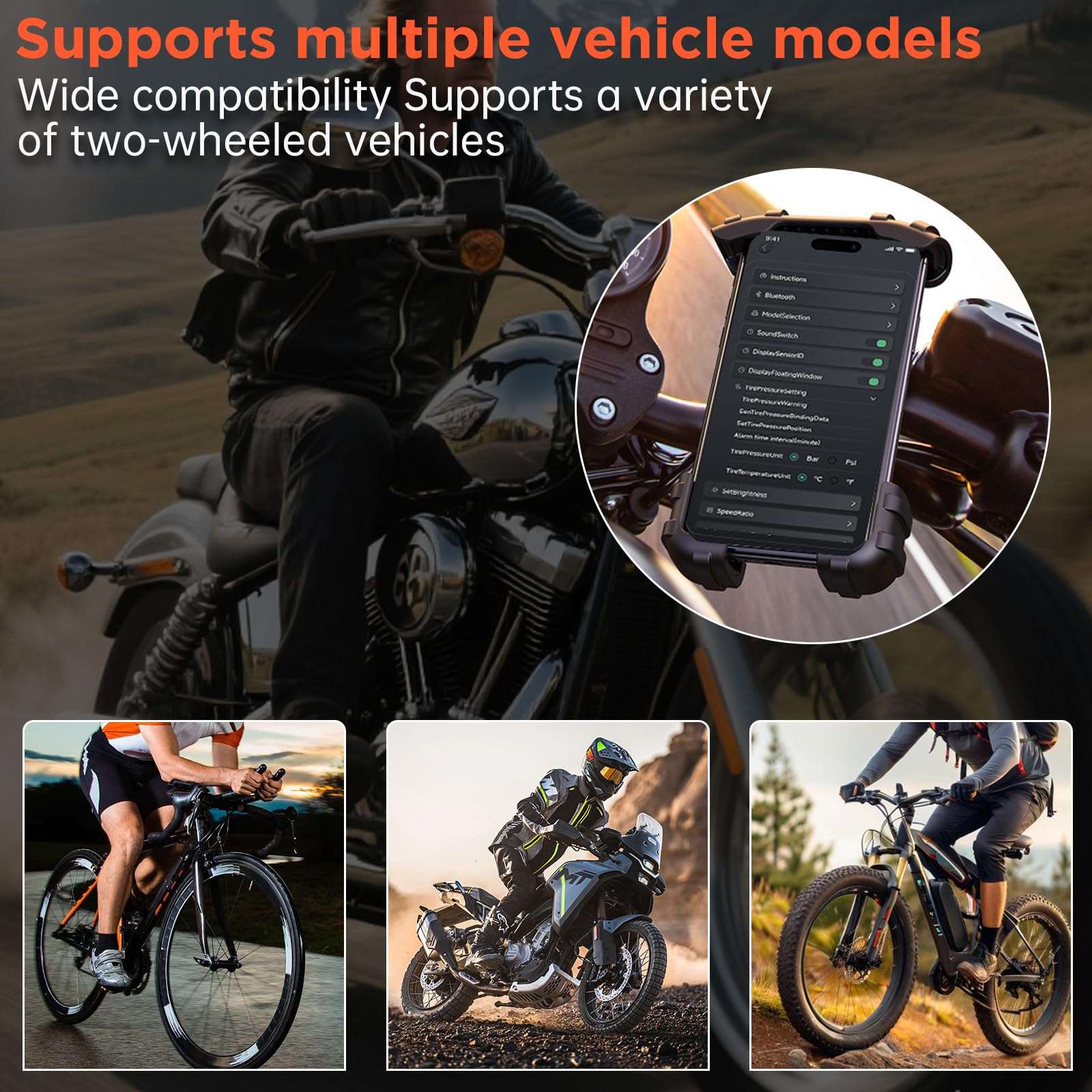 Sistema di controllo della pressione dei pneumatici con app, TPMS per moto con 2 sensori esterni, rilevatore di pressione e temperatura dei pneumatici senza fili, 0,1-7BAR/10-100PSI, supporta