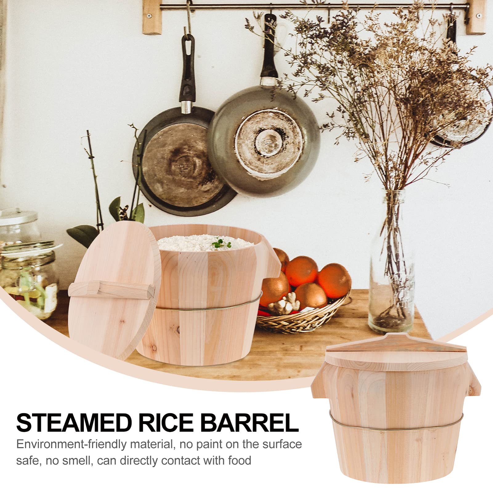 OUNONA Secchio per Riso al Vapore in Legno di Cedro Beige con Manico Laterale e Coperchio, Design Anti-scottatura e Fondo Mobile per Cucina Domestica