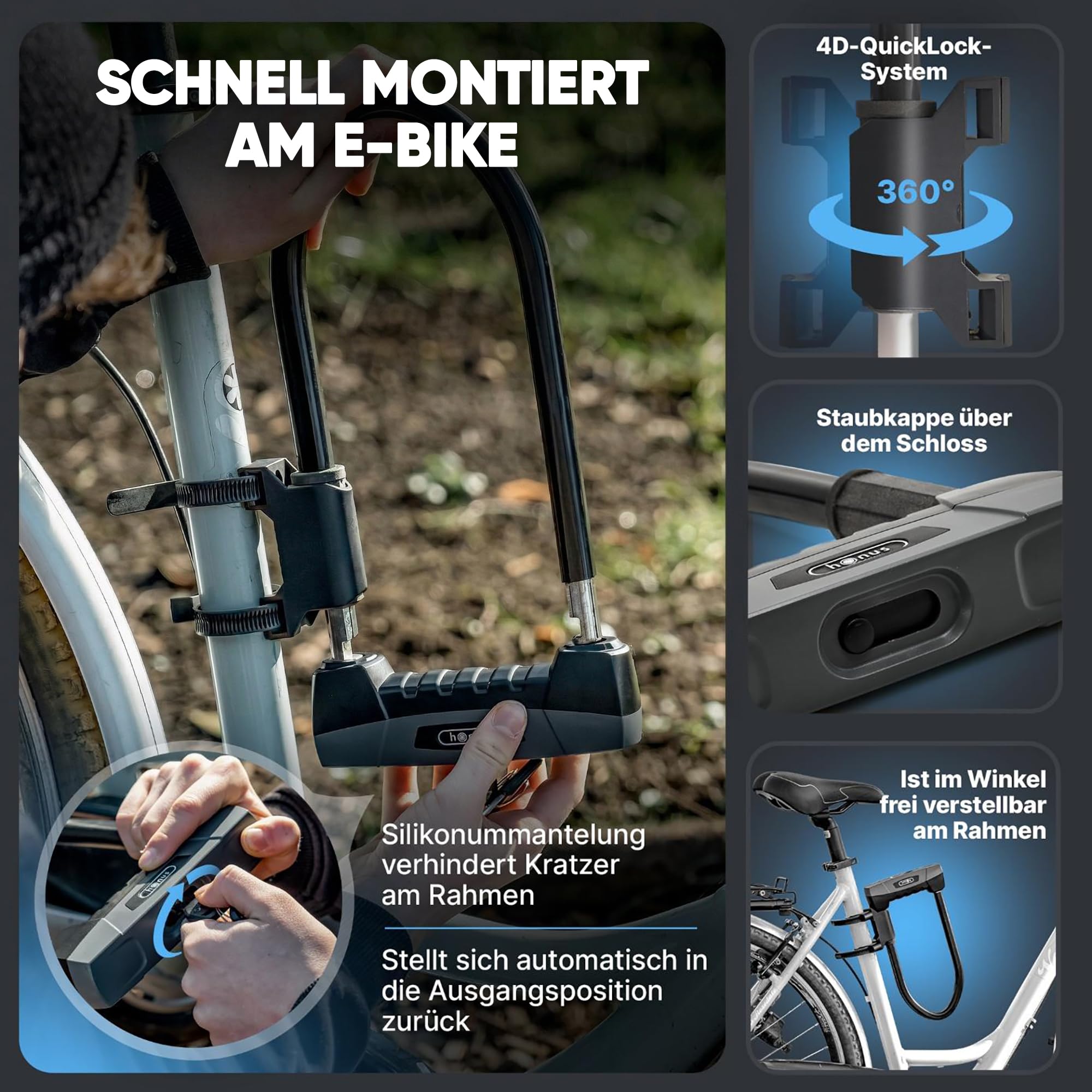 HONUS Bügelschloss E Bike - Fahrradschloss E-Bike DEFENSE PRO Sicherheit | Speziell für E-Bikes - Hohe Sicherheitsstufe - Mit Schlüssel - Robust & Wetterfest - Designed in Germany - Diebstahlschutz