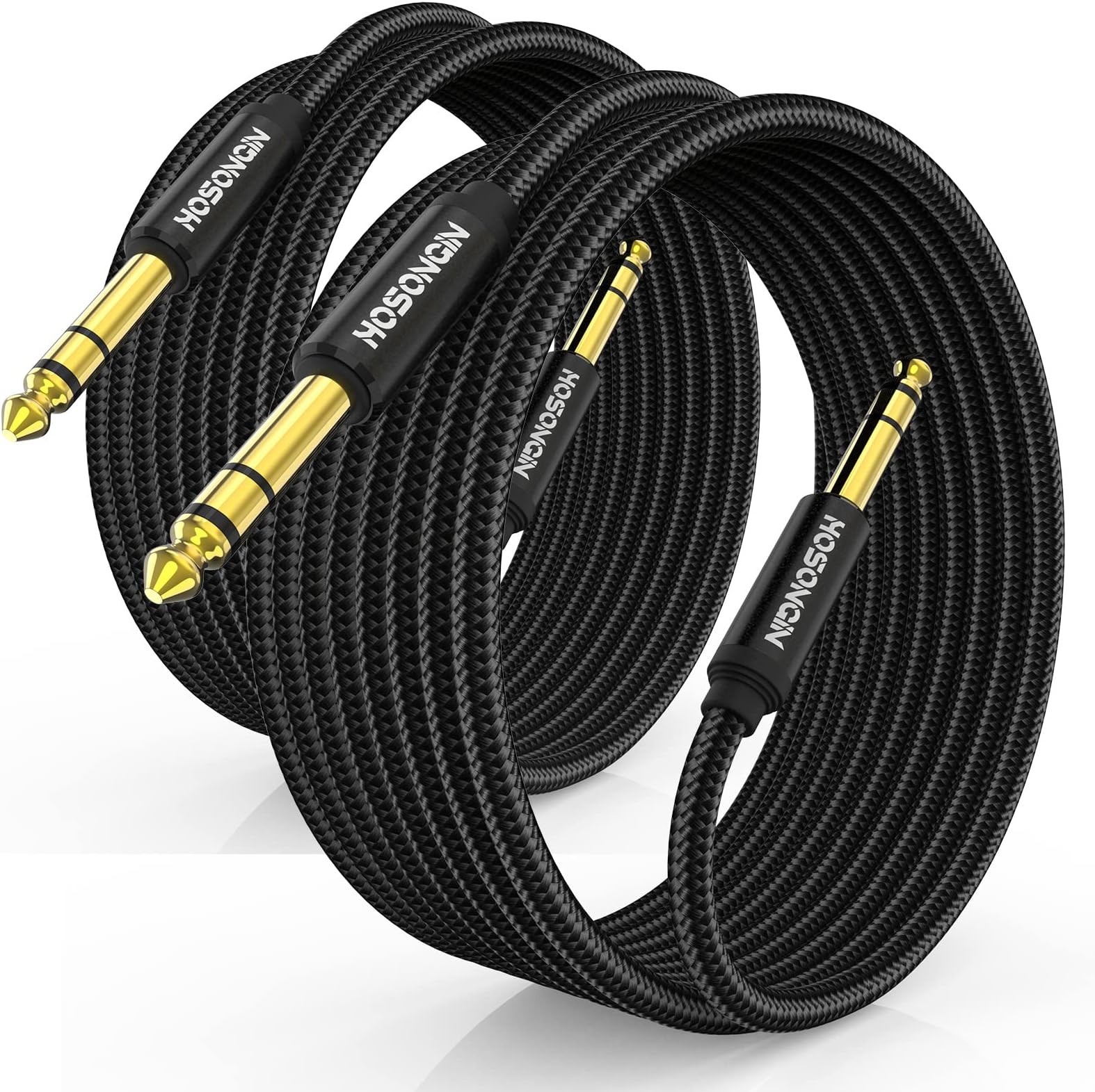 HOSONGIN 1/4 Inch TRS Instrument Cable 10ft 2-Pack [Nylon Braided Shielded], 1/4 Inch to 1/4 inch TRS Male to Male Plug Stereo Audio Cord, Quarter Inch 6.35mm Balanced Interconnect Line - 10 feet