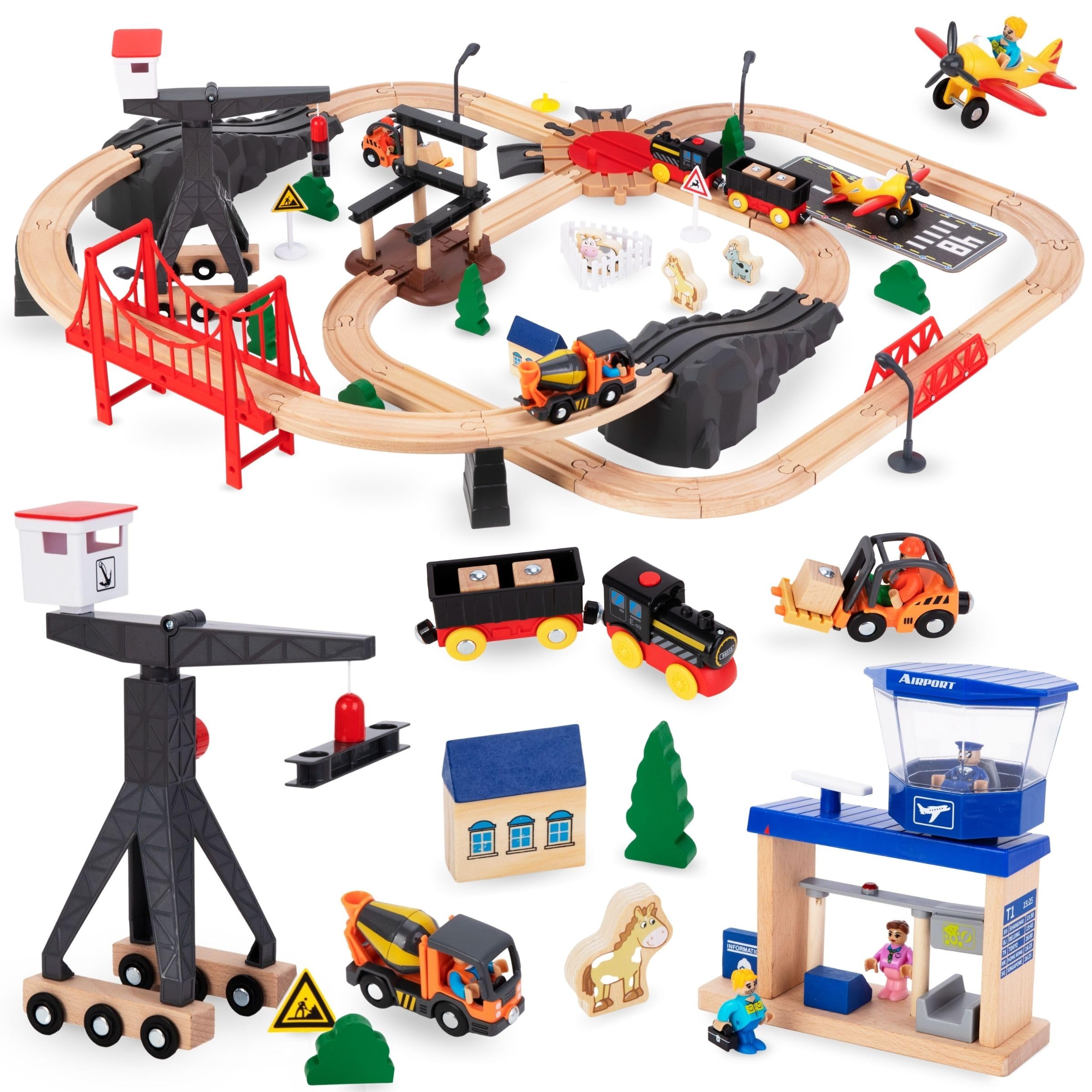 Train En Bois Mamabrum – Aéroport, Grue Mobile, 5 Véhicules, Voies, Feux – Jeu De Ville Dès 3 Ans