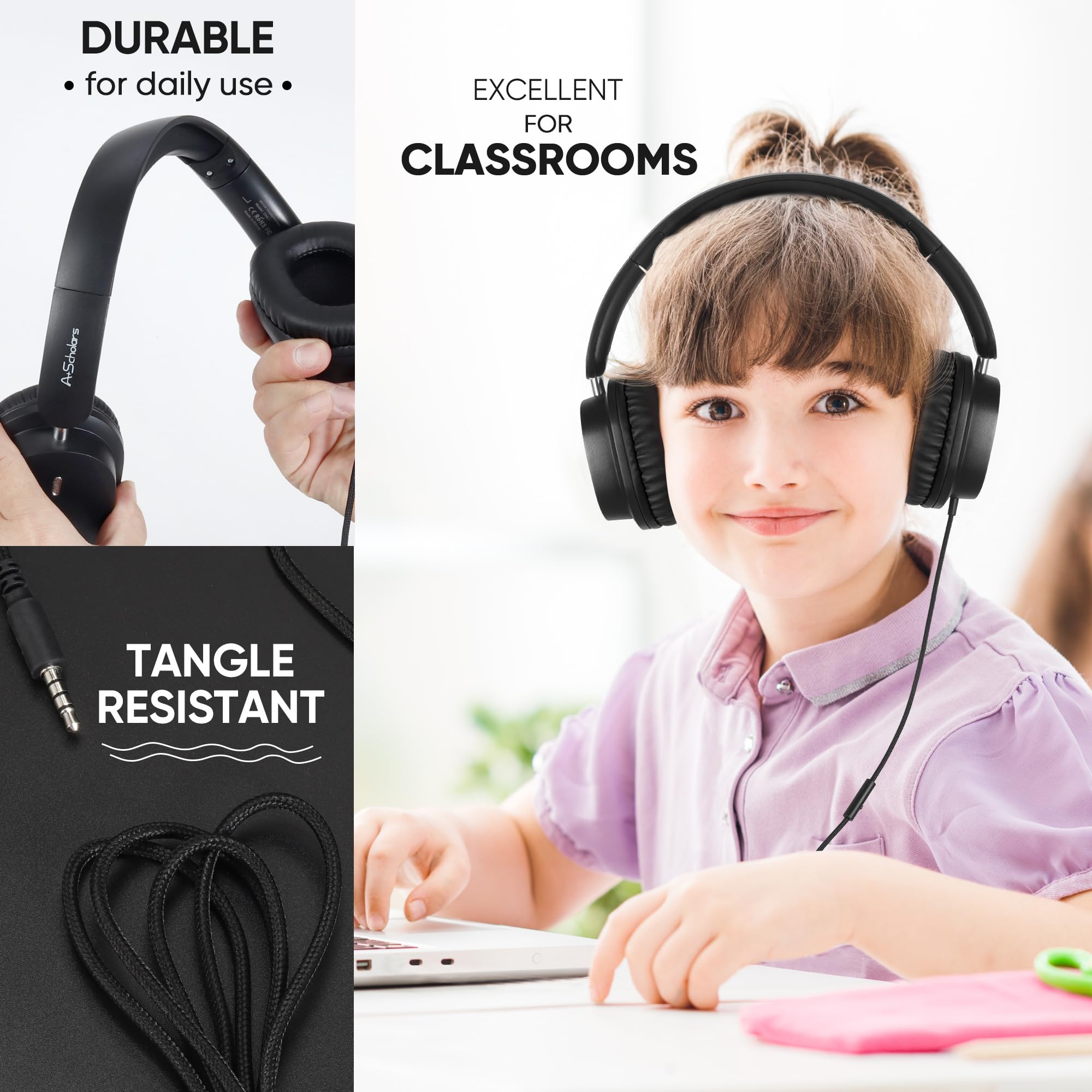 Cuffie per bambini per la scuola, set da 5 cuffie on-ear, 3,5 mm, con cavo, per scuole e biblioteche, cuffie regolabili e imbottite (nero)