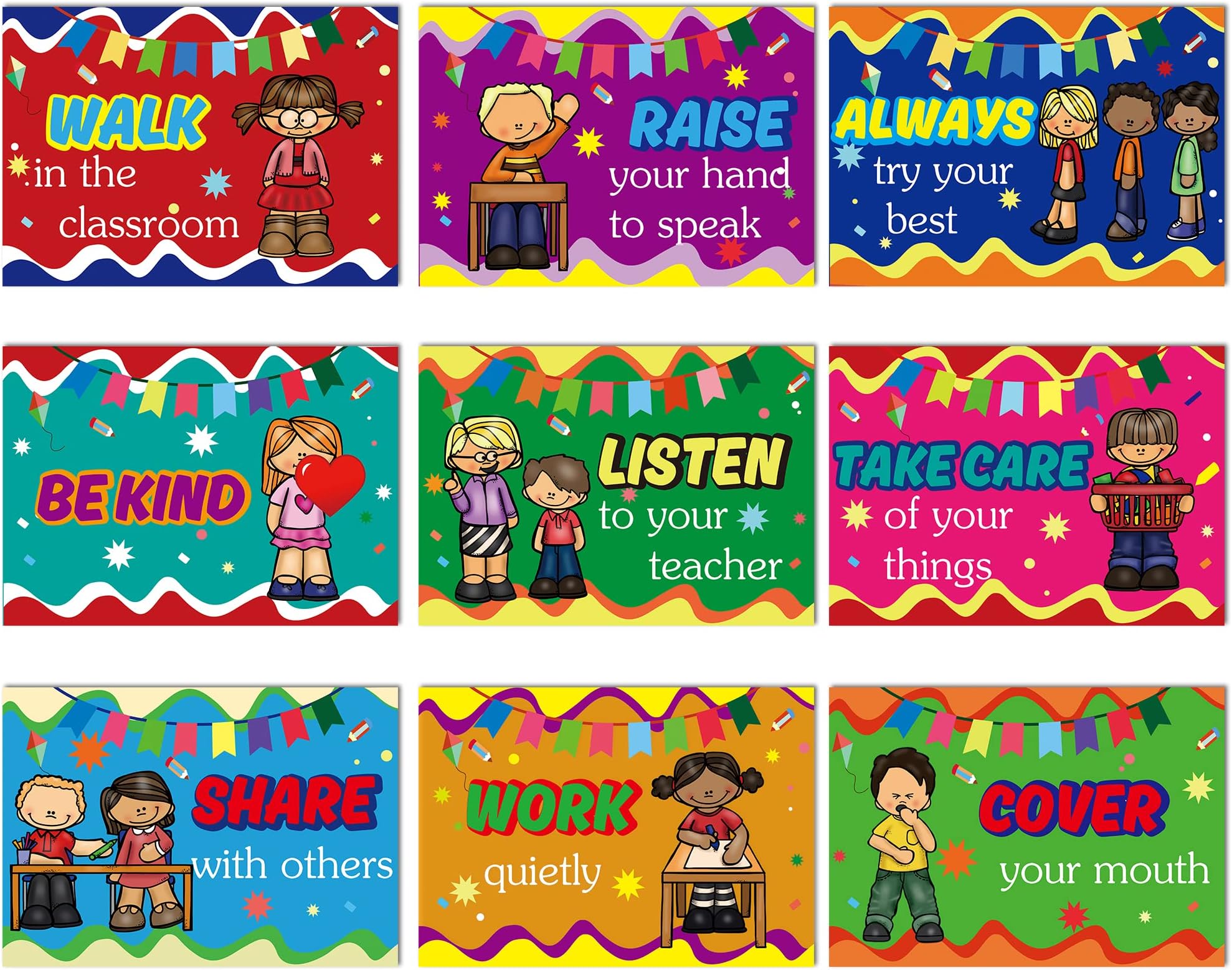 9 Classroom Rules Poster Preschool Classroom Expectations Posters for Preschool Elementary Middle High School Bulletin Board Decorations Set Banner Rules Signs for centers- Laminated, 11.8x8.5 In
