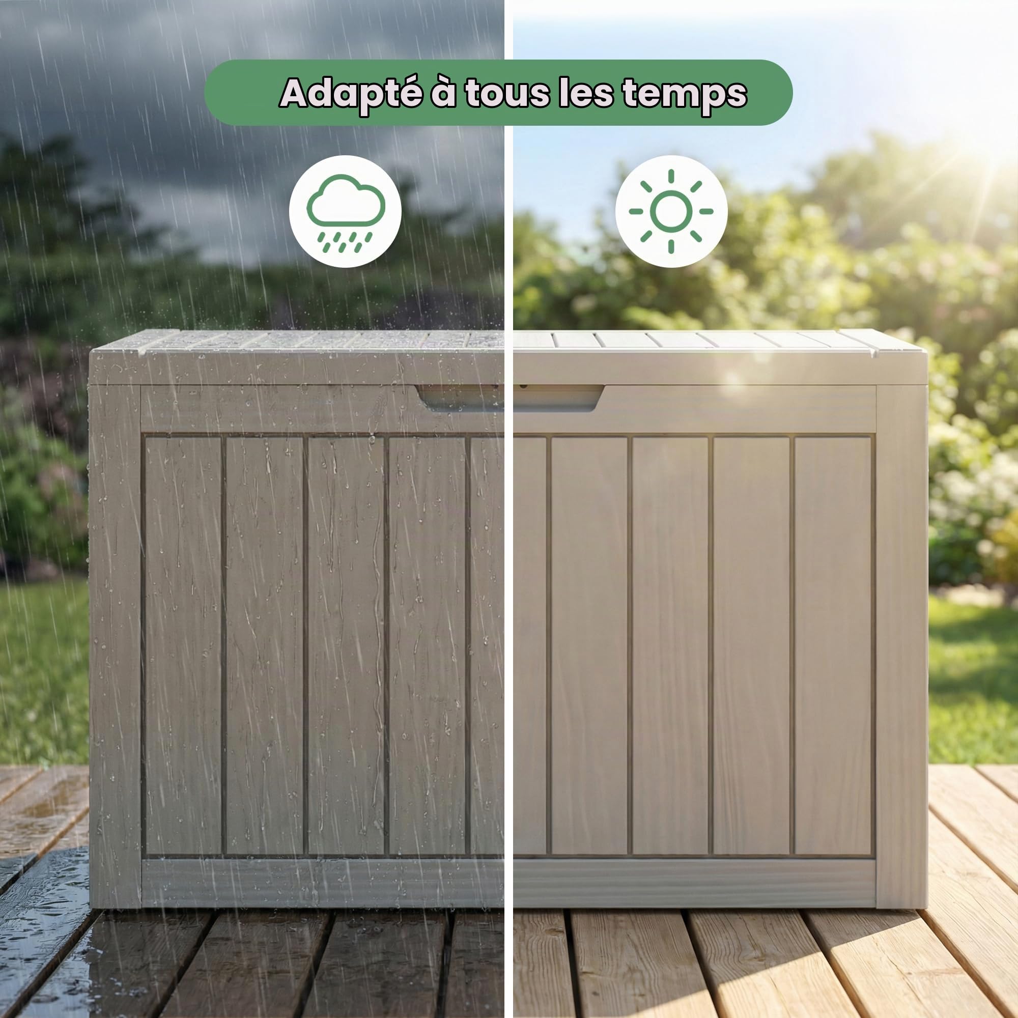AKORD Coffre de Jardin Imperméable 170L, Boîte de Rangement Extérieur pour Balcon et Terrasse, Polypropylène Aspect Bois, 77,5 x 43 x 55,5 cm, Gris