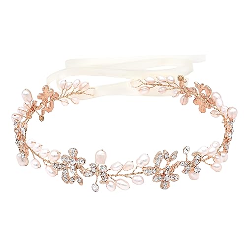 Ammei Headpiece Diademas nupciales de lujo de oro rosa con perlas de agua dulce auténticas enredaderas para el cabello para novias, damas de honor,
