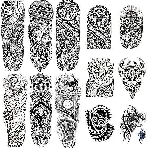Tatuajes temporales tribales, tótem falso tatuajes de medio brazo, tatuaje temporal y extra grande de brazo completo para hombres y mujeres, 12 hojas