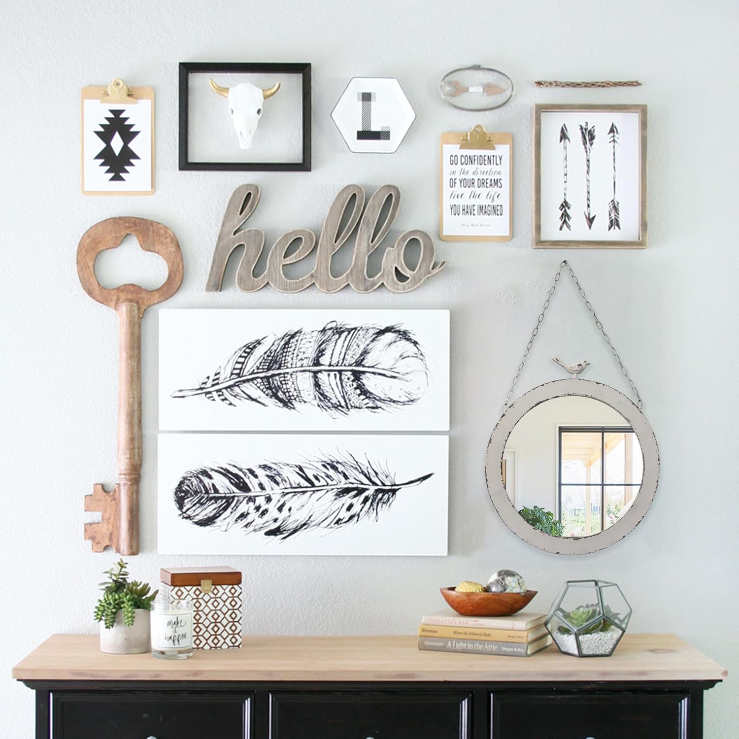 Vintage Large Round Mirrors for Wall Decor 19 Inch, Rustic Distressed White Hanging Mirror with Bird and Iron Chain, Farmhouse Metal Circle Wall Mirrors Decorative for Living Room Entryway