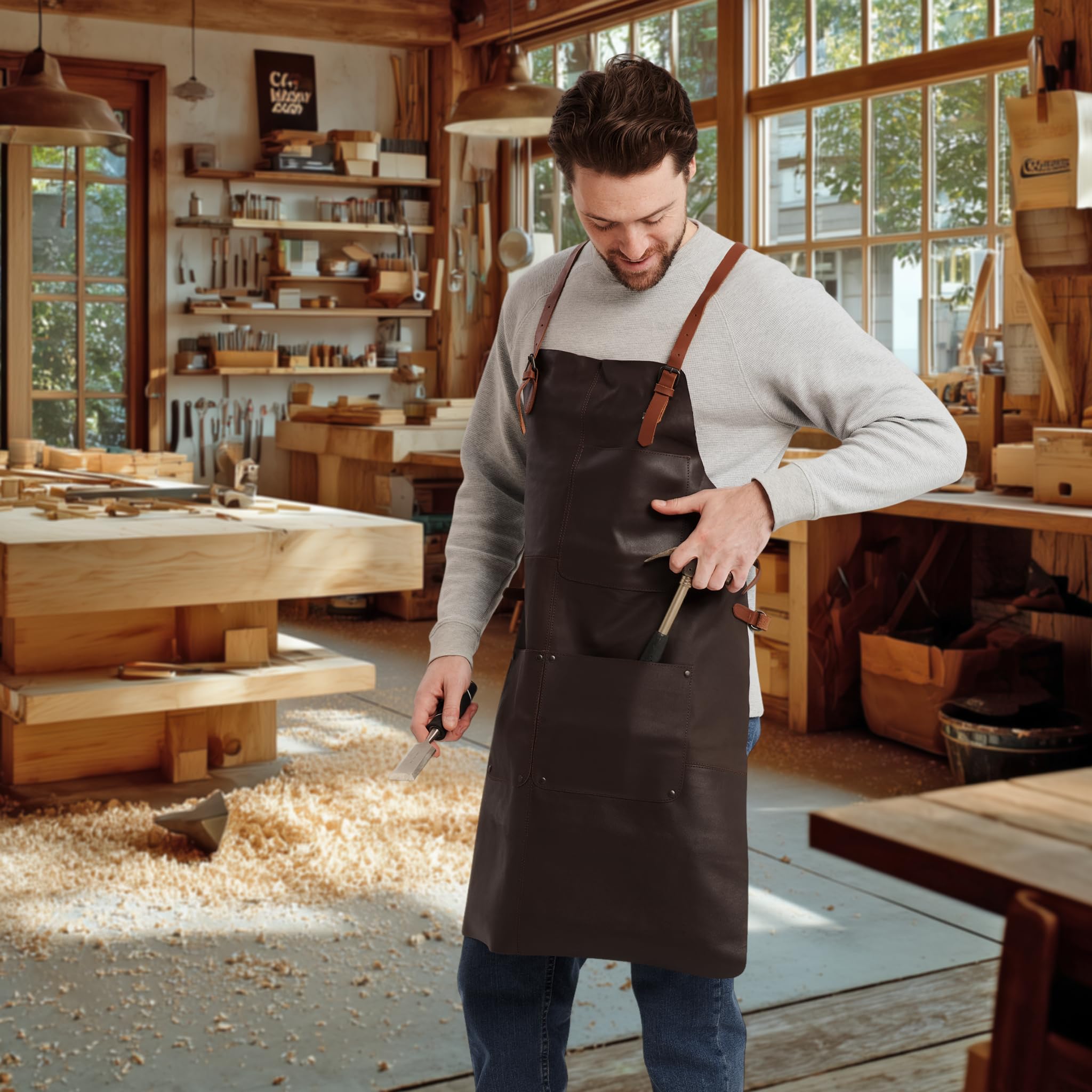 Theodore Tablier en Cuir avec Design Croisé - Confortable, 3 Poches, Sangles Réglables - Idéal Travail du Bois, Barbecue, Unisexe