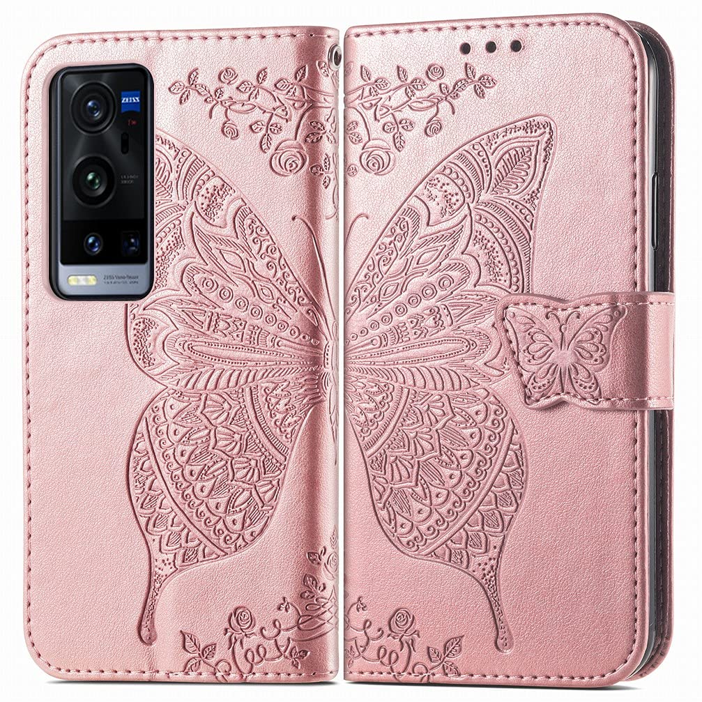 LEMORRYCase for Vivo X60 Pro Plus Phone Case, Vivo X60 Pro Plus Leather Case Wallet Flip Shell Slim Fit Bumper Magnetic Kickstand Card Slot Soft TPU Cover for Vivo X60 Pro Plus, Rose Gold
