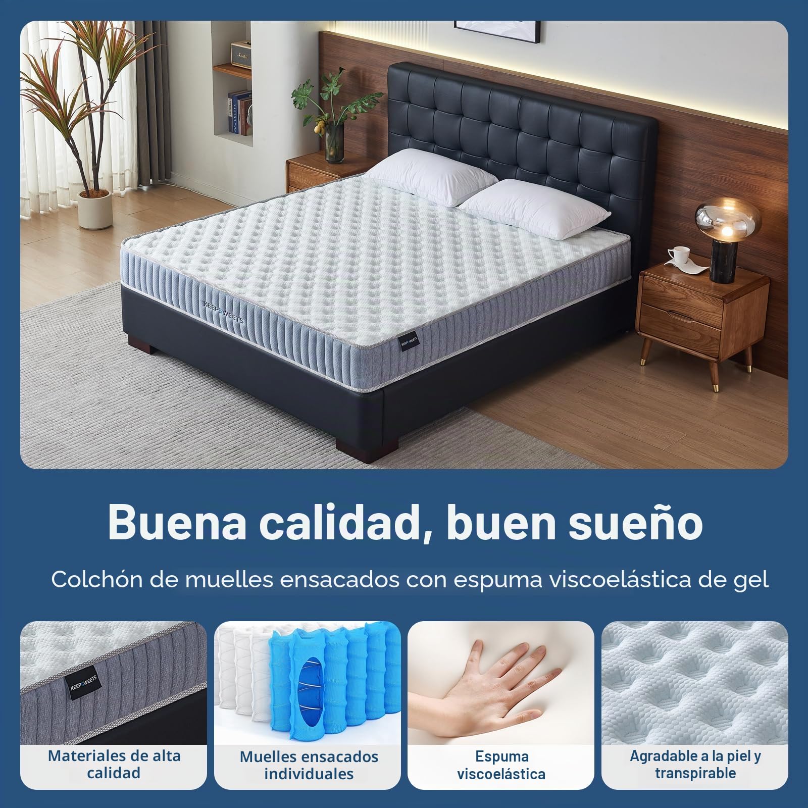 Colchón de 90 x 200 cm con 7 Zonas de dureza H3 con Cama de Espuma viscoelástica, colchón de muelles ensacados de 20 cm
