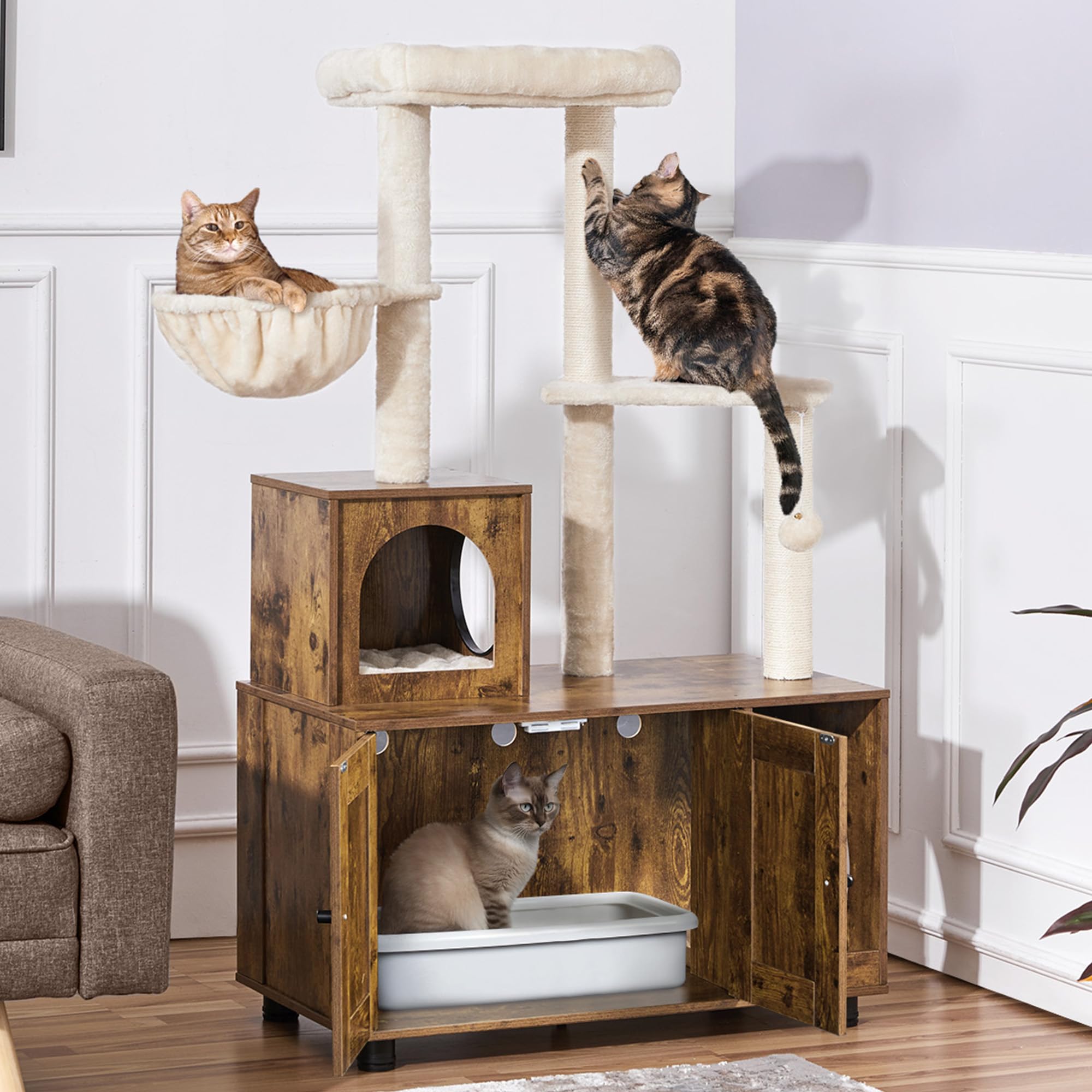 Yaheetech Maison d'intérieur Tout-en-Un avec griffoir, Meuble de litière en Bois pour Chat avec Niche pour Chat, Plate-Forme, Marron Rustique/Beige